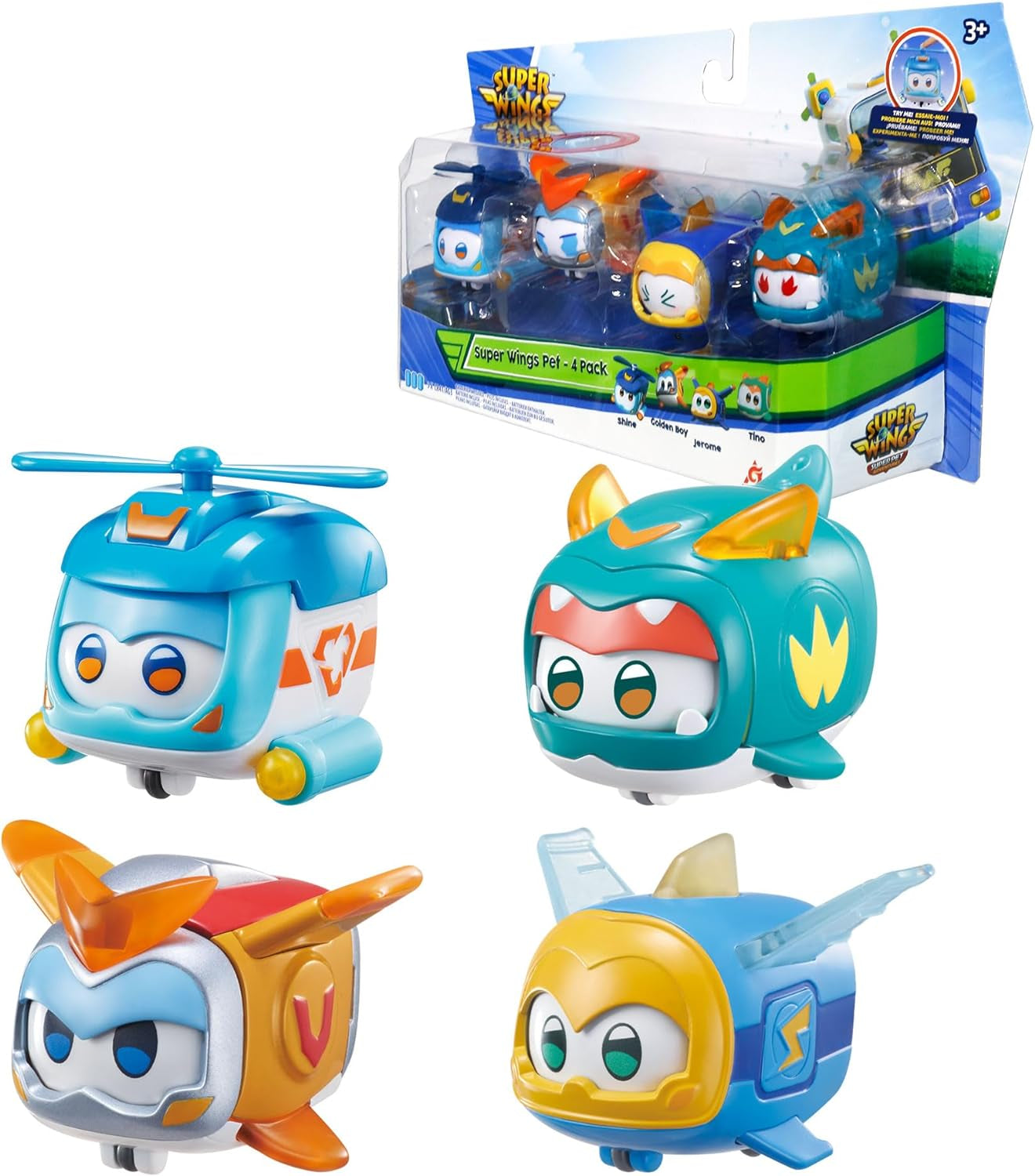 Super Wings Super Zwierzęta 4 szt. Shine, Golden Boy, Jerome, Ellie Przełączany wyraz twarzy Efekt błyskawicy Przenośna zabawka dla 3 4 5 6 7 8 lat Chłopiec Dziewczyna 2 cale Figurki Naty Shop 4 szt. B