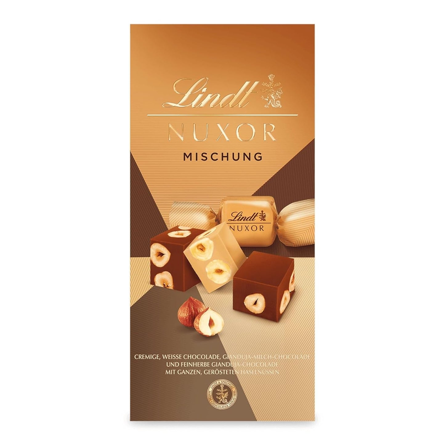 Czekolada Lindta | Mieszanka do torebki NUXOR | 103g | Gianduja Kremowe kostki czekoladowe w trzech asortymentach z prażonymi całymi orzechami laskowymi | Czekoladowy prezent