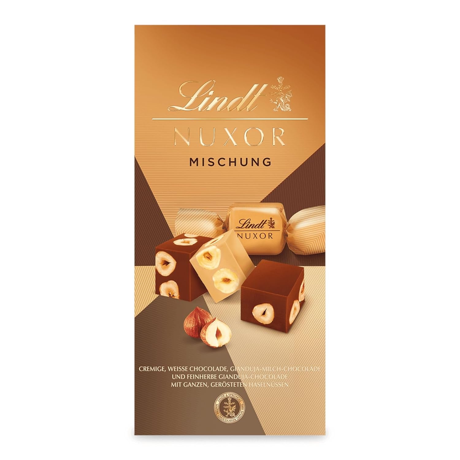 Czekolada Lindta | Mieszanka do torebki NUXOR | 103g | Gianduja Kremowe kostki czekoladowe w trzech asortymentach z prażonymi całymi orzechami laskowymi | Czekoladowy prezent