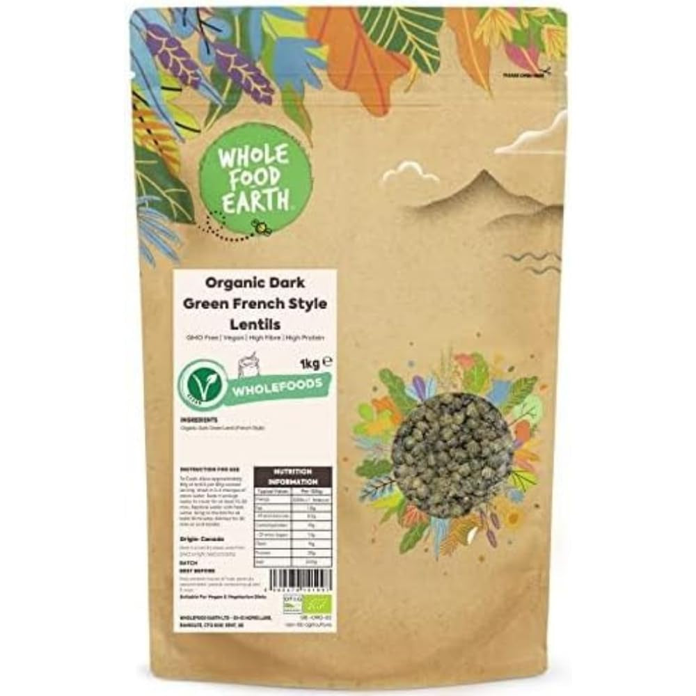 Pełnoziarnista, ekologiczna soczewica francuska w stylu francuskim, ciemnozielona 1kg bez GMO | wegańskie | Bogaty w błonnik | Bogaty w białko | Certyfikowane organiczne