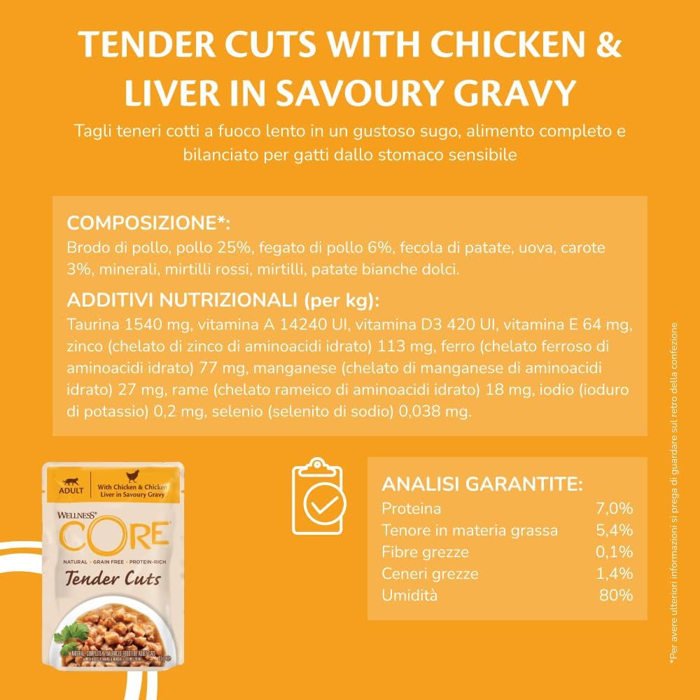 Wellness CORE Tender Cuts 6 x 85g, Chicken Selection Mix - Mokra karma dla kotów, delikatne kawałki w sosie, bez zbóż, naturalna, hipoalergiczna, bogata w białko, o wysokiej zawartości mięsa
