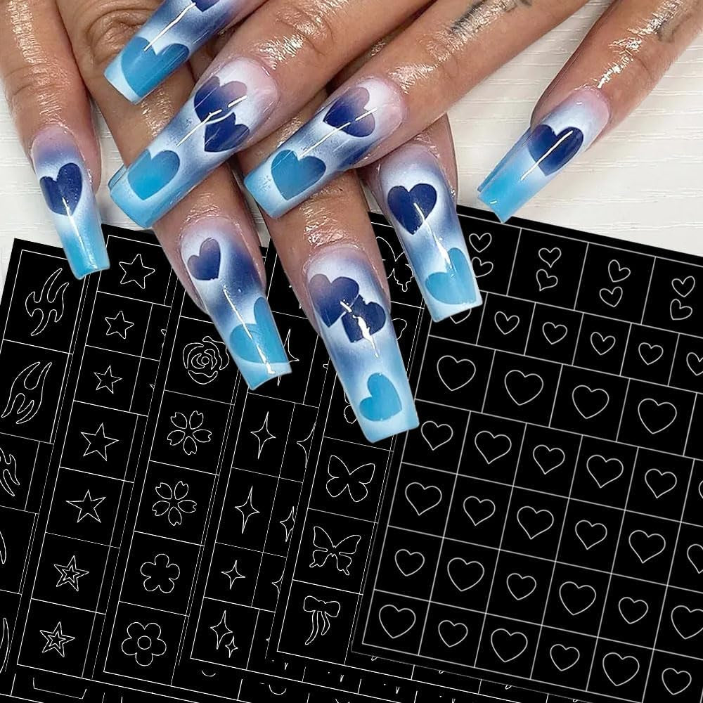 6 arkuszy Szablon aerografu Naklejki na paznokcie, Motyl Płomień Gwiazdy Serce Gwiazdy Naklejki na paznokcie Szablon do drukowania Narzędzie Nail Art Samoprzylepne naklejki dla kobiet Naklejki do zdobienia paznokci