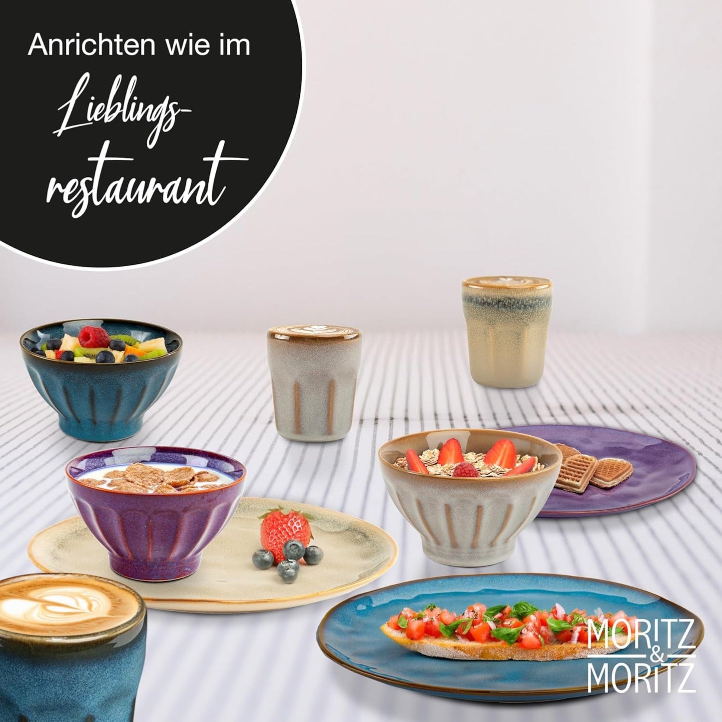 Moritz & Moritz COPA 16-tlg Geschirrset 4 Personen - Elegantes Teller Set aus hohrstandigem Steinzeug - Geschirr Set 4 Personen aus je 4x Obiadowy, Deserteller, Müslischale i Kaffeebecher