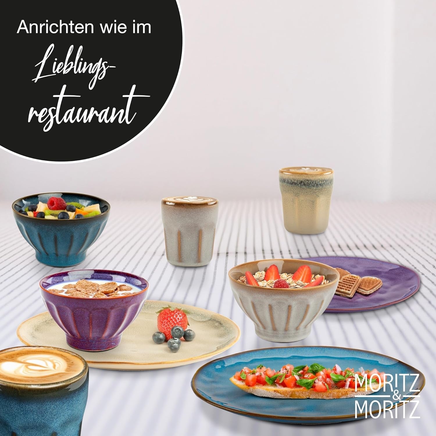 Moritz & Moritz COPA 16-tlg Geschirrset 4 Personen - Elegantes Teller Set aus hohrstandigem Steinzeug - Geschirr Set 4 Personen aus je 4x Obiadowy, Deserteller, Müslischale i Kaffeebecher