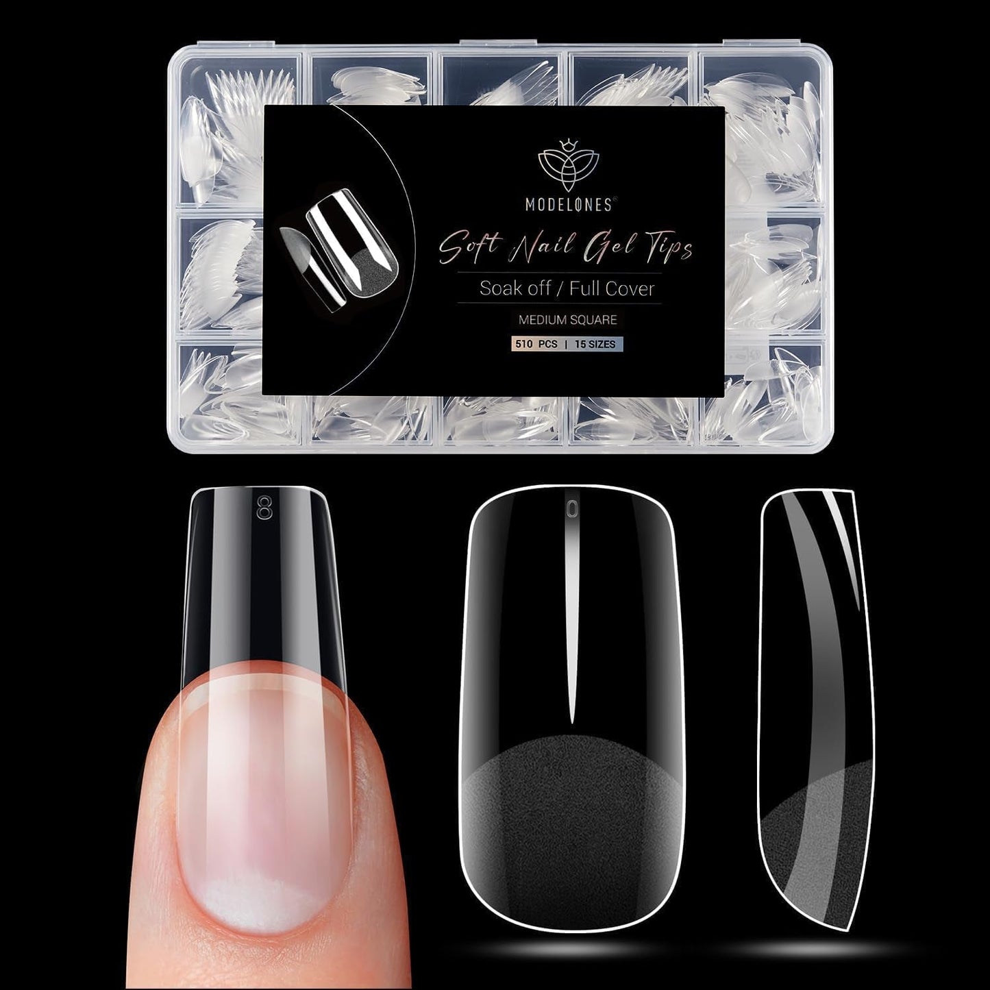 Modelones Tipsy 510 sztuk - Zestaw Tipsów Full Cover, Zestaw Tips Żelowych, Tipsy z żywicy PMMA do polerowania, Sztuczne paznokcie do klejenia na Nail Art DIY, Short Squoval