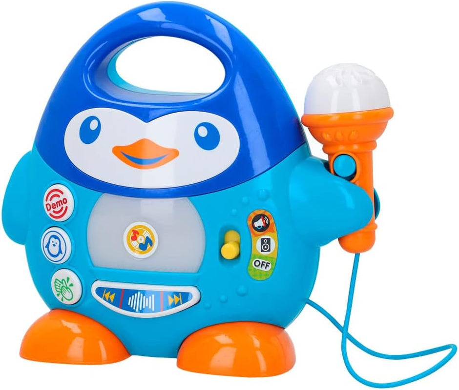 Odtwarzacz muzyki karaoke WinFun, wzór pingwina, z migającymi światłami i efektami echa, w niebieskim, zabawnym stylu, złącze USB Baby Toys Naty Shop Domyślny tytuł