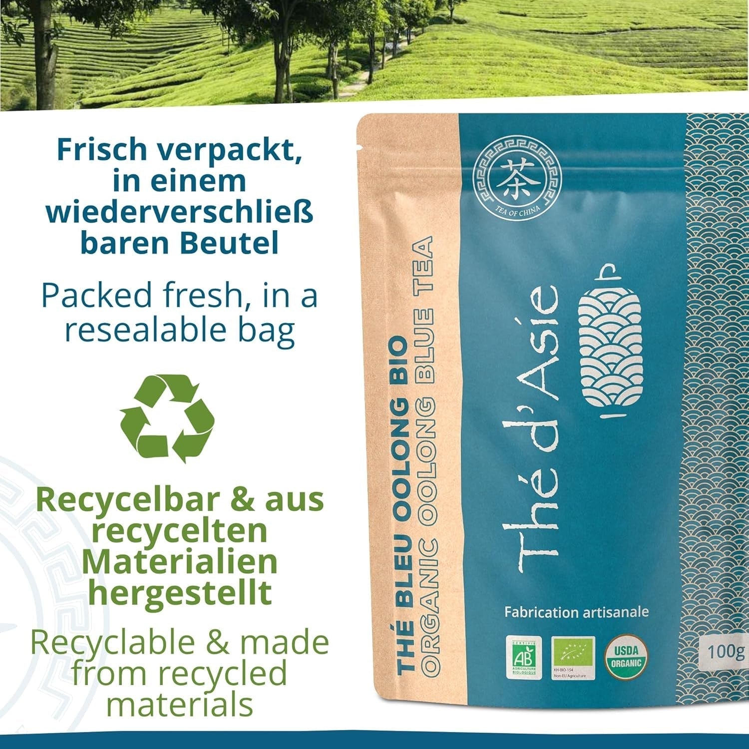 Khla - Bio Herbata Oolong 100 G - Niebieska herbata - Naturalna herbata sypana - Ekologiczna herbata azjatycka - Luźna i cięta - Herbata ziołowa i naparzana - Z Chin