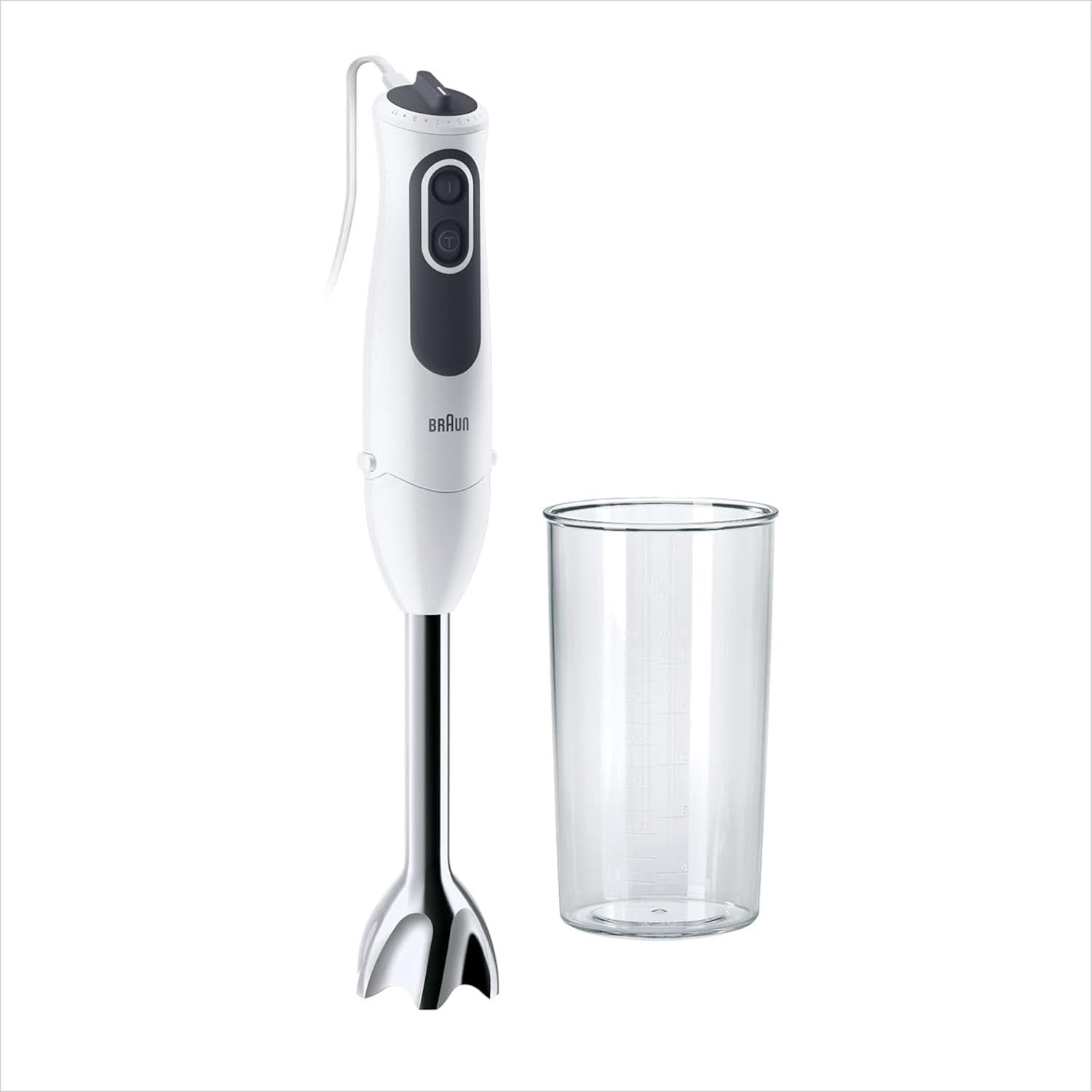 Braun Multiquick 3 MQ 3135 Sos Stabmixer – Pürierstab Mit 11 Geschwindigkeiten plus Turbo-Stufe & Edelstahl-Mixfuß, 750 Watt, Inkl. 600 ml Mix-/Messbecher, Schneebesen & Zerkleinerer, Weiß/Grau Kitchen Naty Shop Single Mq 3100