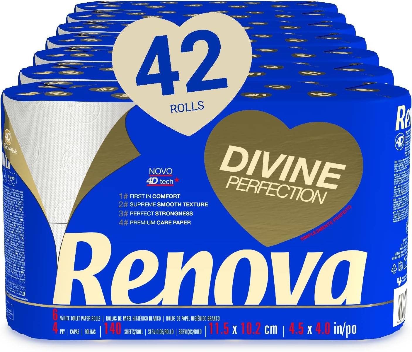 Papier toaletowy Renova Renova Divine Perfection, 42 rolki, papier toaletowy Premium, 4-warstwowy, wyjątkowo miękki, o dodatkowej wytrzymałości, gruby, miękki i chłonny, papier z certyfikatem Fsc, 4400G
