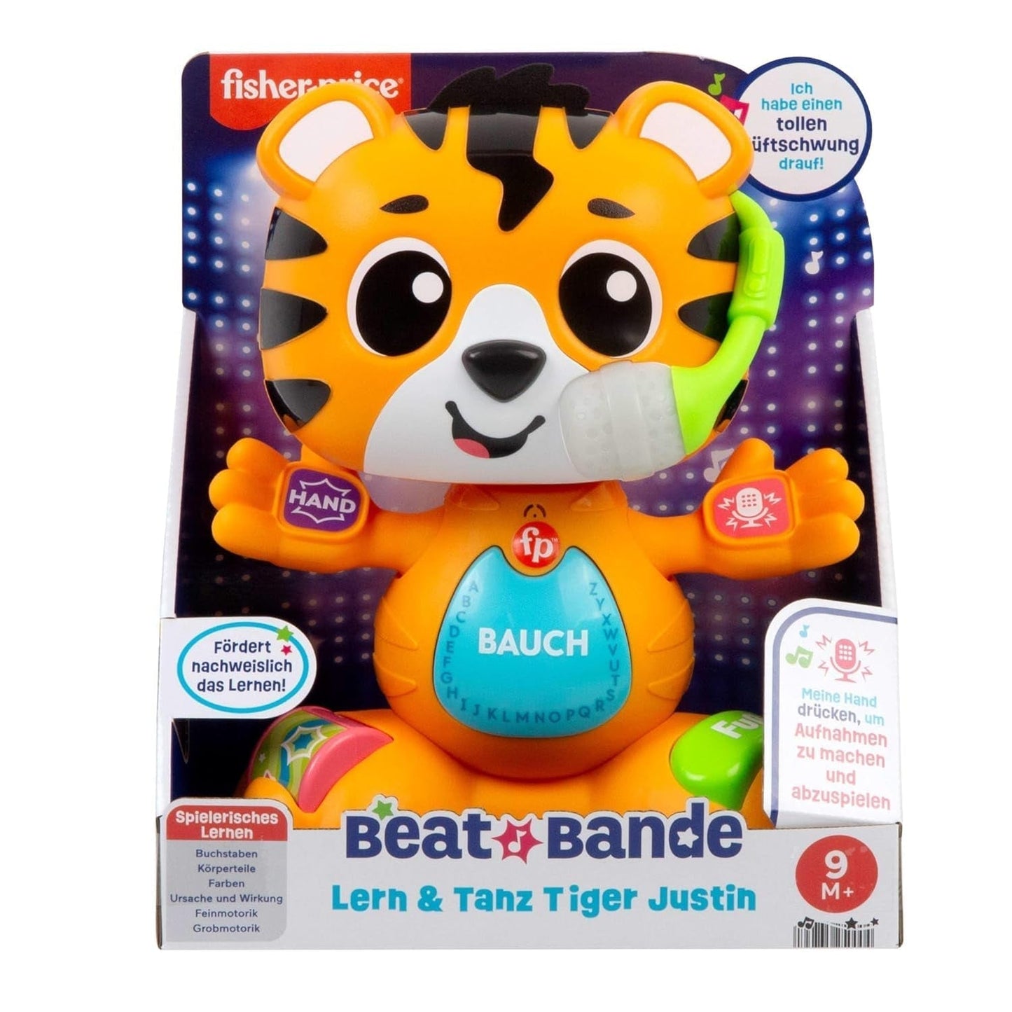 Fisher-Price Zabawka edukacyjna dla niemowląt i małych dzieci Beat Bande Lern & Tanz Tiger Justin z dźwiękami i światłami dla dzieci w wieku od 9 miesięcy, wydanie niemieckie, HYL31 Baby Toys Naty Shop