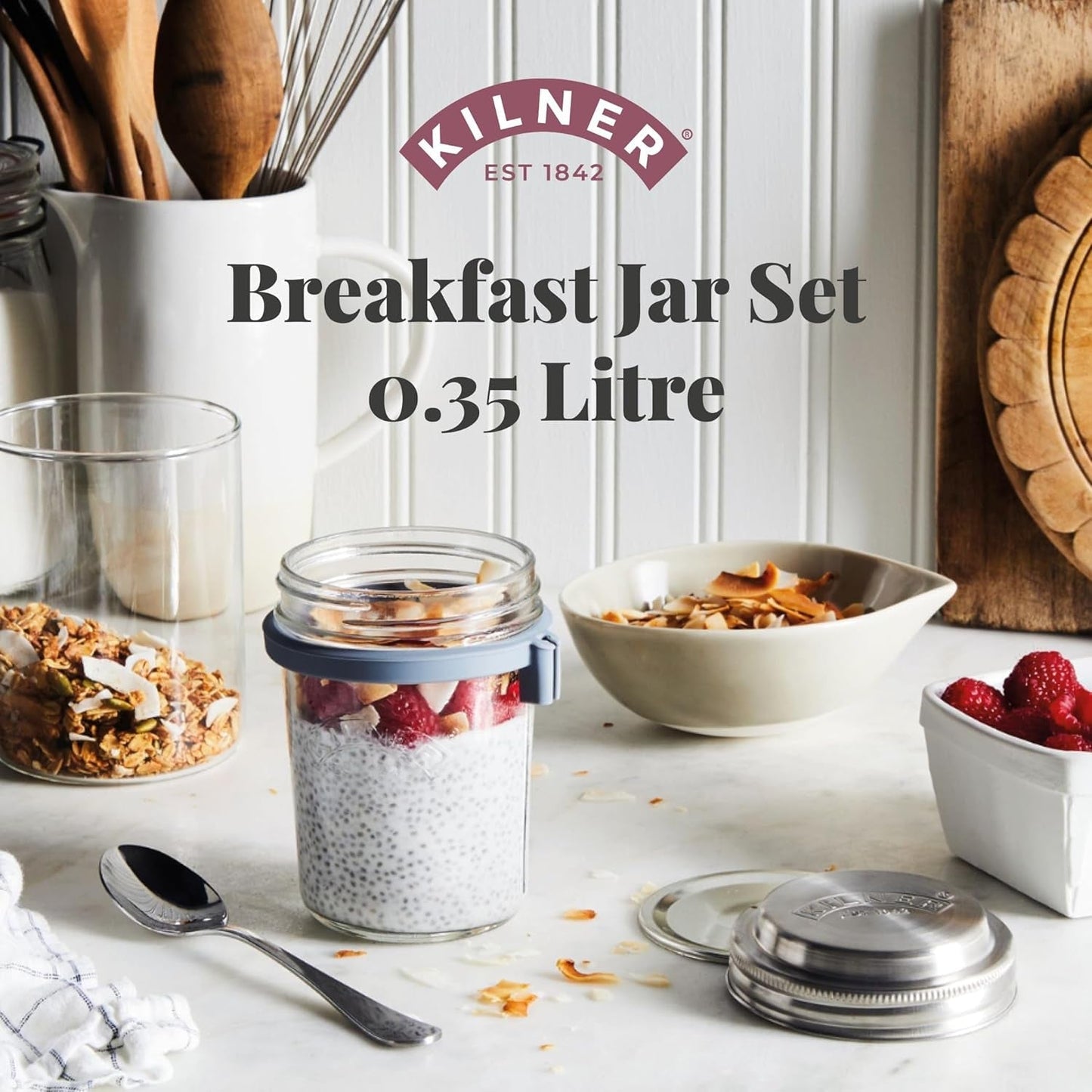 Kilner słoik śniadaniowy z łyżeczką / 350 ml, Ø 9,5 cm / 5 sztuk | Kubek do musli na wynos / nietoksyczny / szklany pojemnik z pokrywką na musli, owsiankę i jogurt / pojemnik na płatki owsiane Naty Shop Pudełka do przechowywania żywności