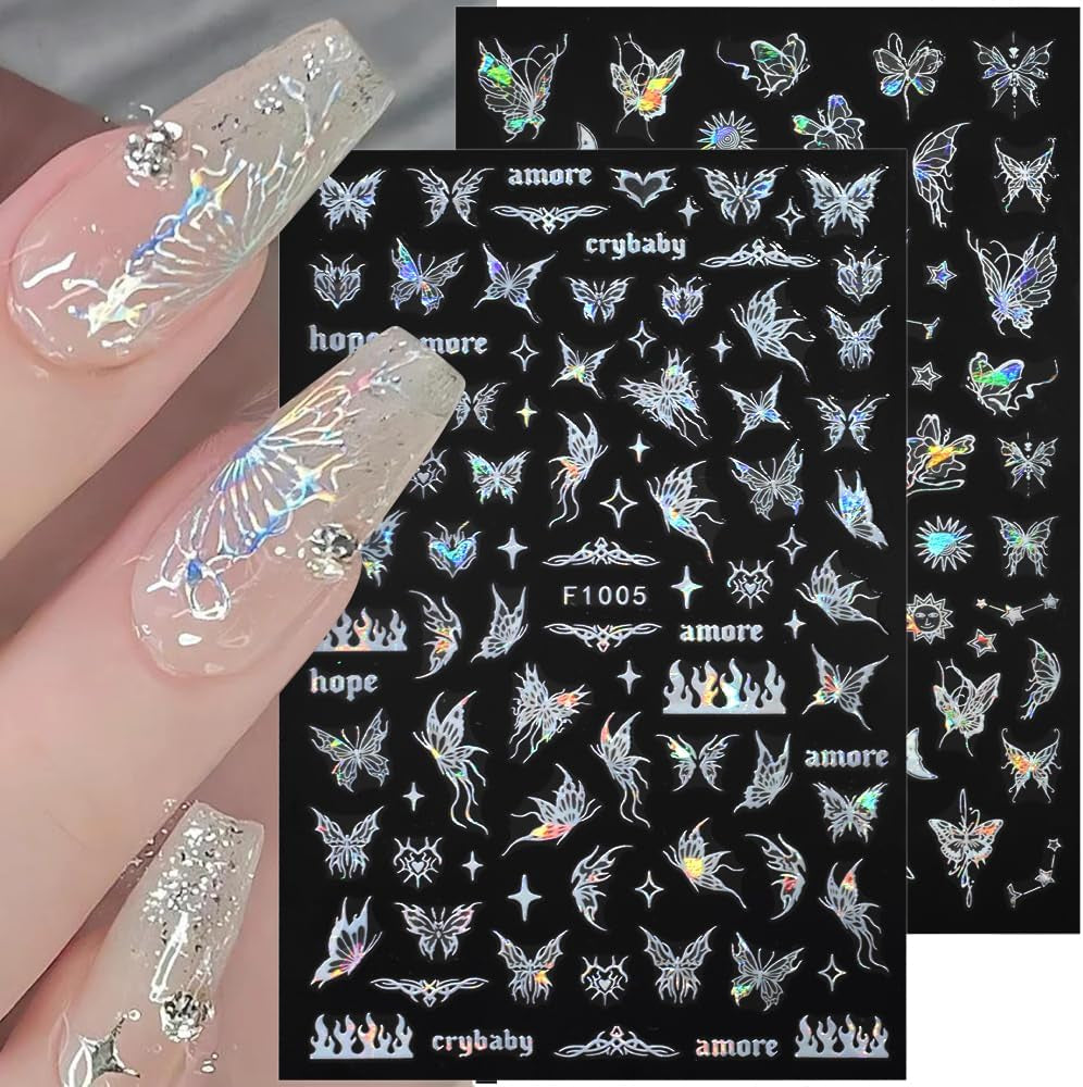 4 Blätter Holographisch Laser Weiß Schmetterling Nagelsticker,Y2K Aurora Schmetterlinge Stern Nail Naklejka 3D Flamme Herz Nageldesign Nagelsticker Selbstklebend Nagel Naklejka Nagel Zubehör Nail Art