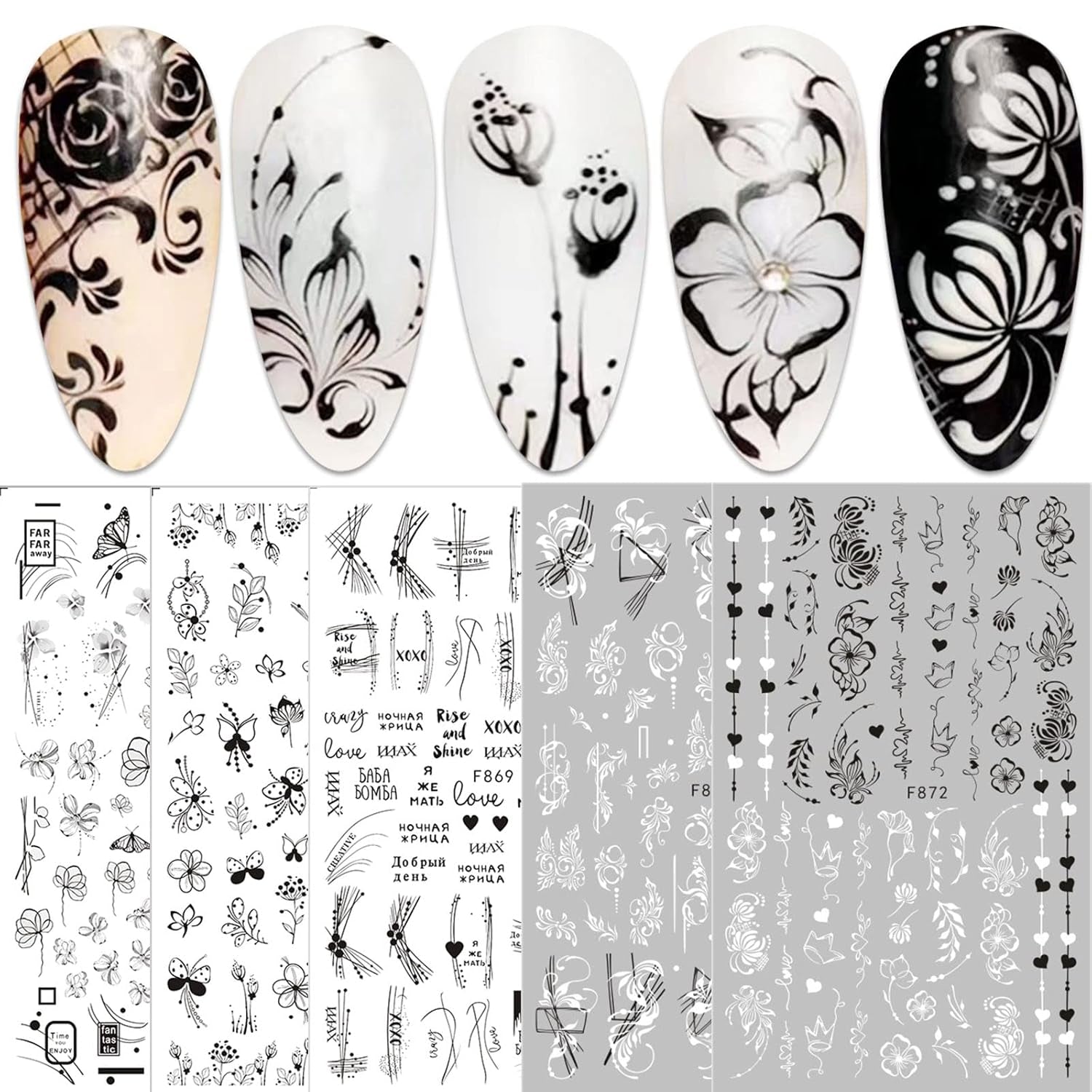 JMEOWIO Nagelsticker Blumen 10 Blatt Nagelaufkleber Selbstklebend Czarny biały kwiat Nail Art Naklejka Dekoracja Nageldesign Zubehör