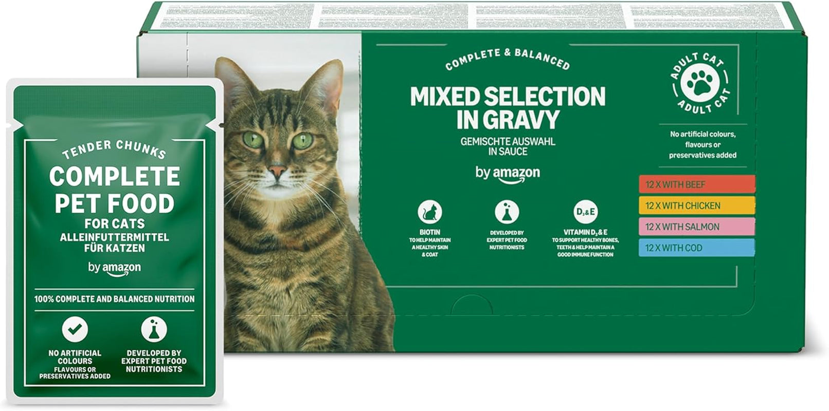 Mieszana karma mokra dla dorosłych kotów Amazon's w sosie 4,8 kg (48 opakowań x 100 g)
