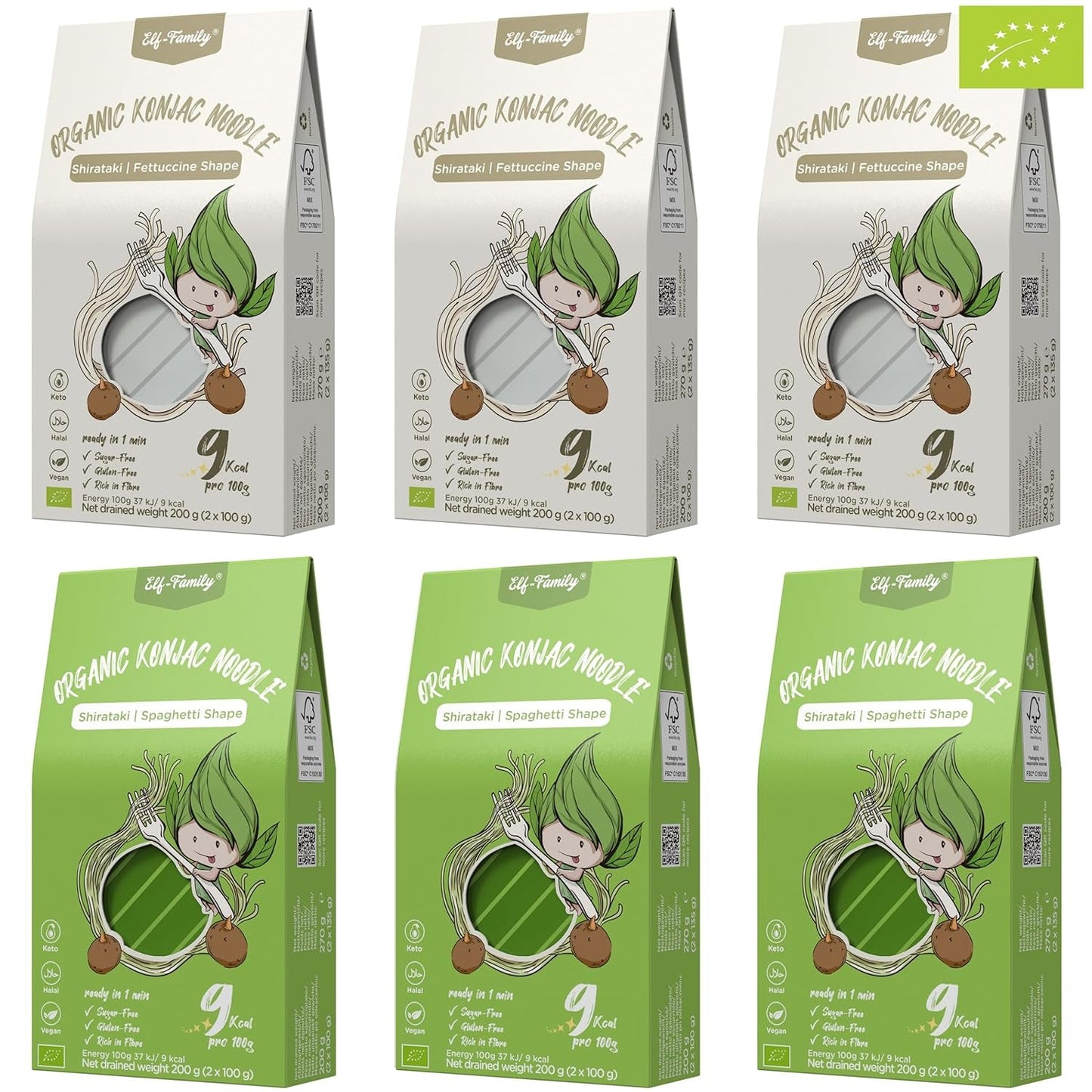 Elf-Family 6 pudełek (12 szt.) Organiczny makaron Konjac o bardzo niskiej zawartości węglowodanów Shirataki Wegański bezglutenowy – 1,62 kg, bez węglowodanów/keto/niskokaloryczny/beztłuszczowy/bez cukru Makaron instant – spaghetti i fettuccine