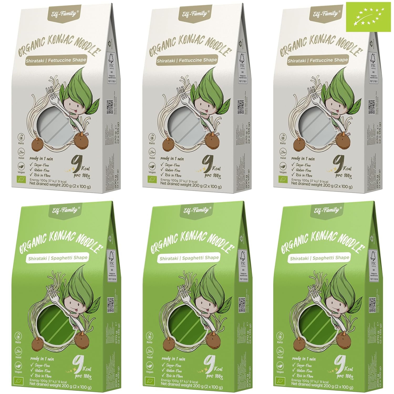 Elf-Family 6 pudełek (12 szt.) Organiczny makaron Konjac o bardzo niskiej zawartości węglowodanów Shirataki Wegański bezglutenowy – 1,62 kg, bez węglowodanów/keto/niskokaloryczny/beztłuszczowy/bez cukru Makaron instant – spaghetti i fettuccine