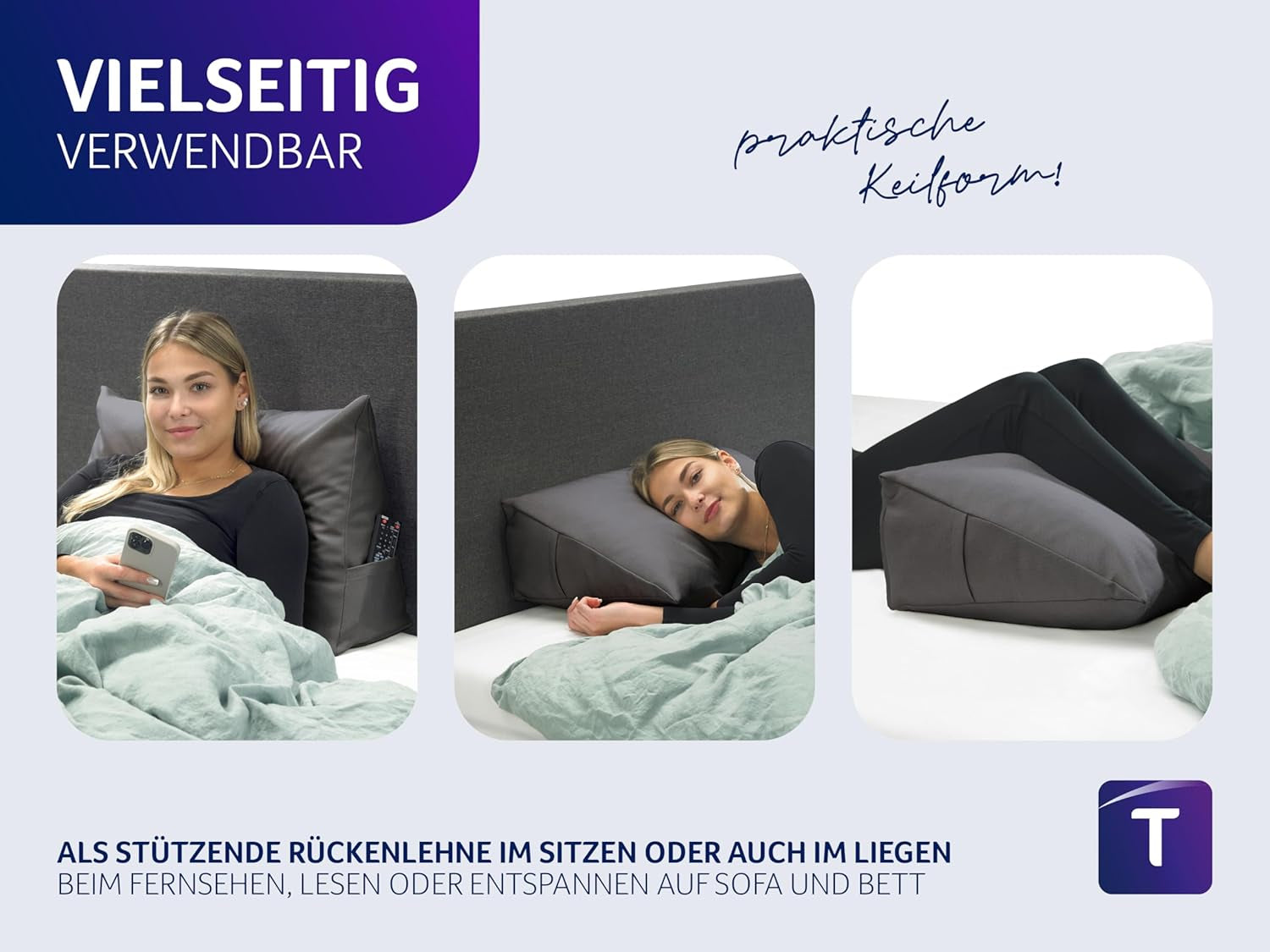 Poduszka do czytania Traumnacht Cosy Back Cushion, 70 x 40 cm ciemnoszara, zdejmowany i nadający się do prania pokrowiec wykonany w 100% z poliestru, praktyczna kieszeń boczna, certyfikat Oeko-Tex, wyprodukowana zgodnie z niemieckimi standardami jakości