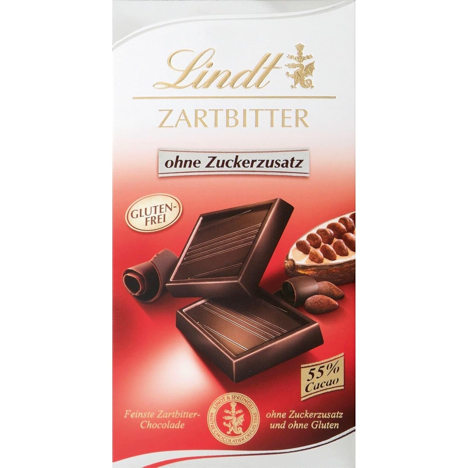 Czekolada Lindta | Tabliczka ciemnej czekolady bez dodatku cukru | 100g | Najlepsza gorzka czekolada o zawartości kakao 55%, bez dodatku cukru i glutenu | Bezglutenowy batonik czekoladowy