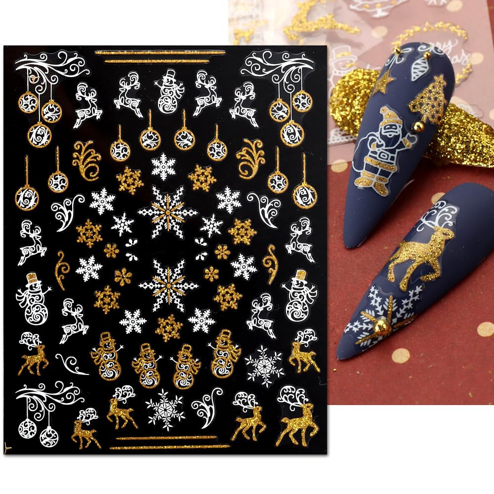 JMEOWIO Nagelsticker Weihnachten 9 Blatt Nail Art Naklejka Selbstklebend Nagelaufkleber Schneeflocke Schneemann Festival Weißes Gold Dekoration Nageldesign Zubehör