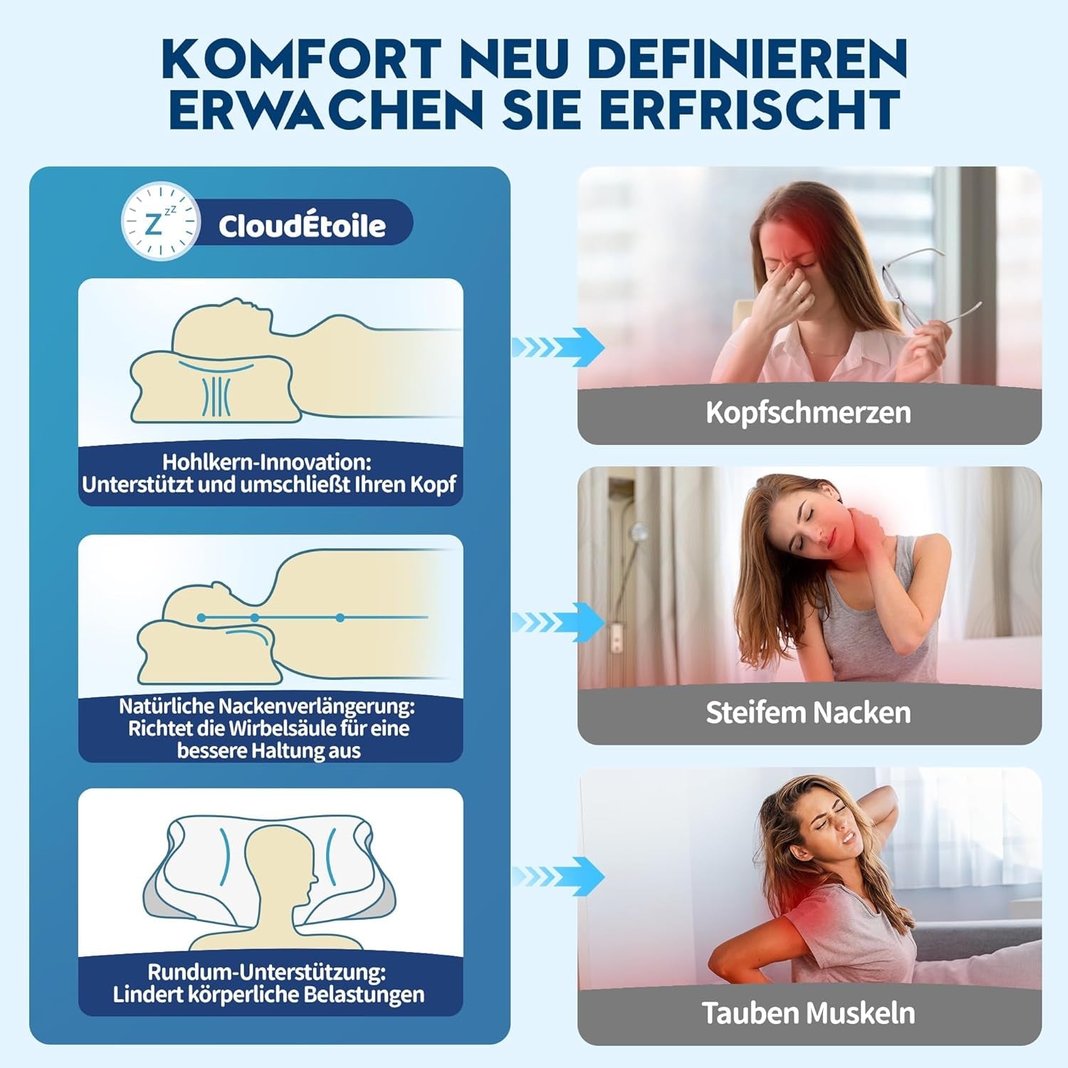 Poduszka pod szyję Cloudétoile Poduszka z pianki Memory - 2 w 1 Ergonomiczna poduszka ortopedyczna Poduszka z pianki Visco Poduszka podtrzymująca szyję z regulacją wysokości Poduszka z pianki Memory biała 64X38X12cm Poduszki ortopedyczne szyjki macicy Naty Shop