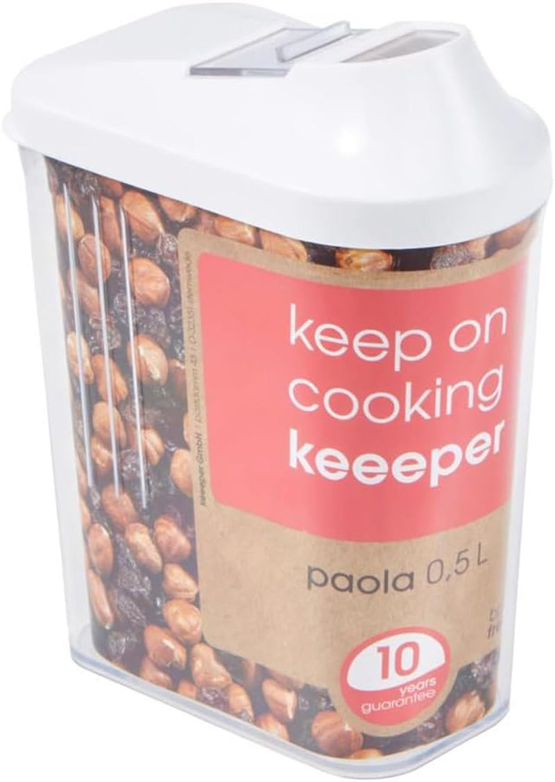 Pudełko do nalewania keeeper na suche zapasy, płynnie regulowana pokrywa dozująca, tworzywo sztuczne, 500 ml, 8 x 4,5 x 15 cm, Paola, białe Pudełka do przechowywania żywności Naty Shop 500 Ml