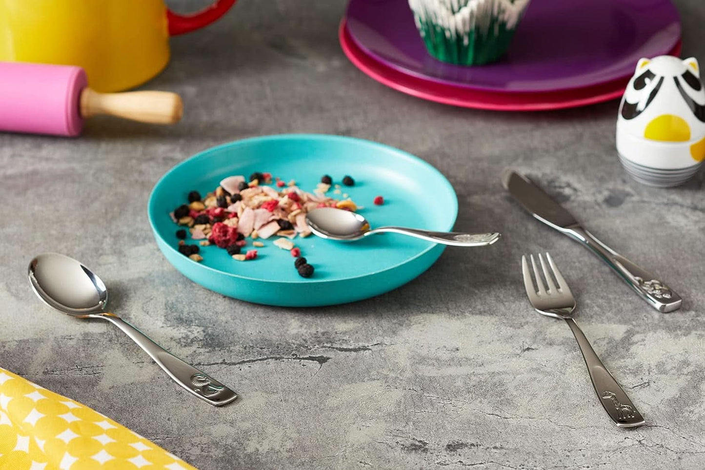 Zestaw sztućców ze stali nierdzewnej dla dzieci WMF Animals, 4 sztuki, polerowany Cromargan Kitchen Naty Shop