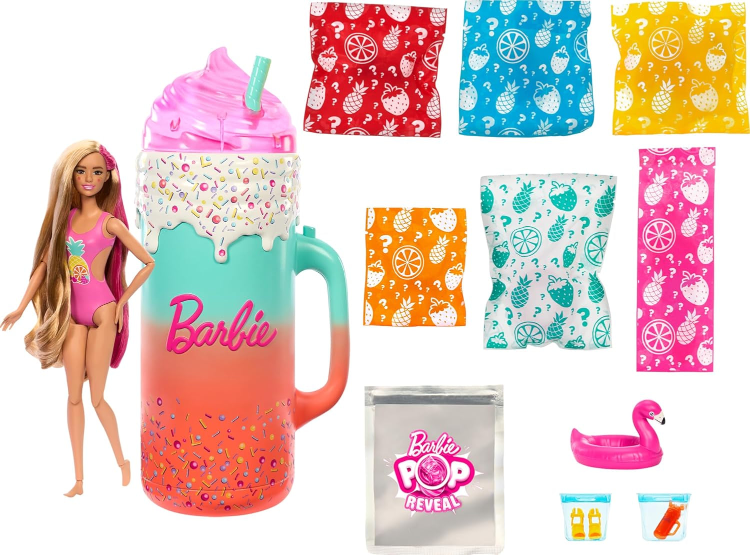 Zestaw upominkowy BARBIE Pop Reveal Rise & Surprise — ponad 15 niespodzianek, w tym 1 lalka Barbie, akcesoria plażowe zapewniające wesołą i owocową zabawę dla dzieci w wieku od 3 lat, HRK57