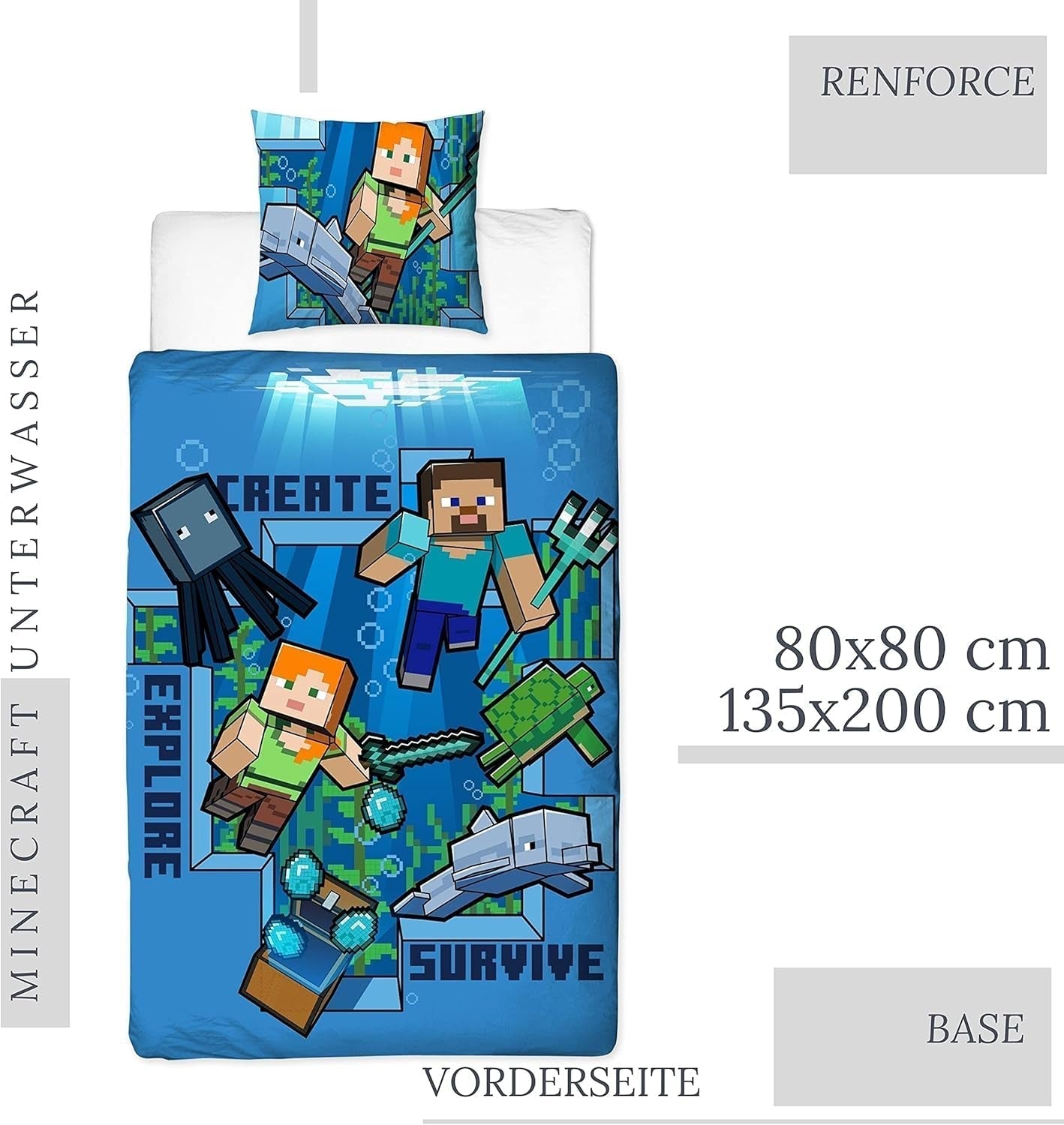 Pościel Minecraft Kinderbettwäsche Jugendbettwäsche 135X200 · Unterwasserwelt · Wende Motiv · Kissenbezug 80X80 + Bettbezug 135X200 Cm · 100% Baumwolle · Deutsche Größe Naty Shop