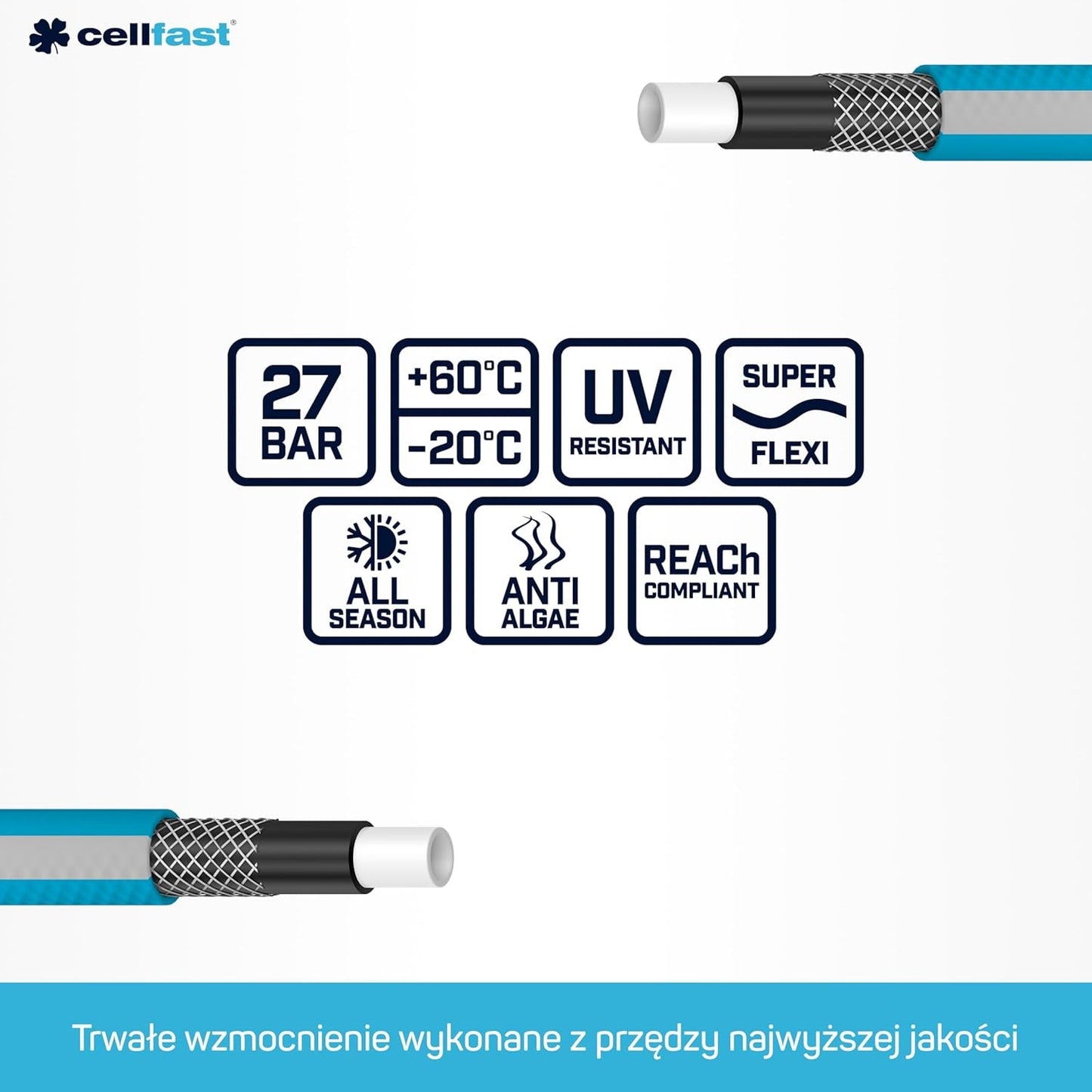 Cellfast Idealny zestaw węży ogrodowych, wytrzymały, elastyczny, 4-warstwowy, tryskaczowy, odporny na promieniowanie UV i algi, technologia zasięgu, 27 bar, -20/+60° krótkoterminowo, 1/2 cala, 20 m