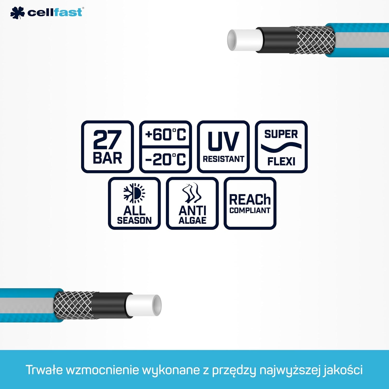 Cellfast Idealny zestaw węży ogrodowych, wytrzymały, elastyczny, 4-warstwowy, tryskaczowy, odporny na promieniowanie UV i algi, technologia zasięgu, 27 bar, -20/+60° krótkoterminowo, 1/2 cala, 20 m