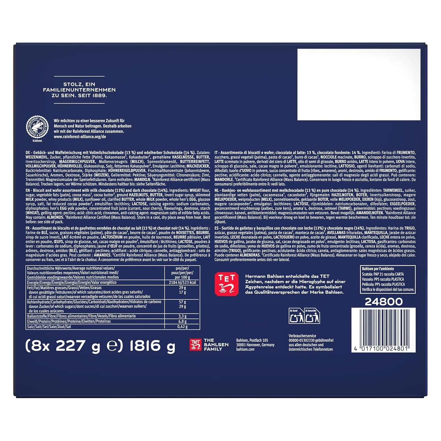 Bahlsen Favourite Collection XL 1 opakowanie chrupiącego ciasta i wafli z mleczną i ciemną czekoladą (8 x 227 g/ 1816 g)