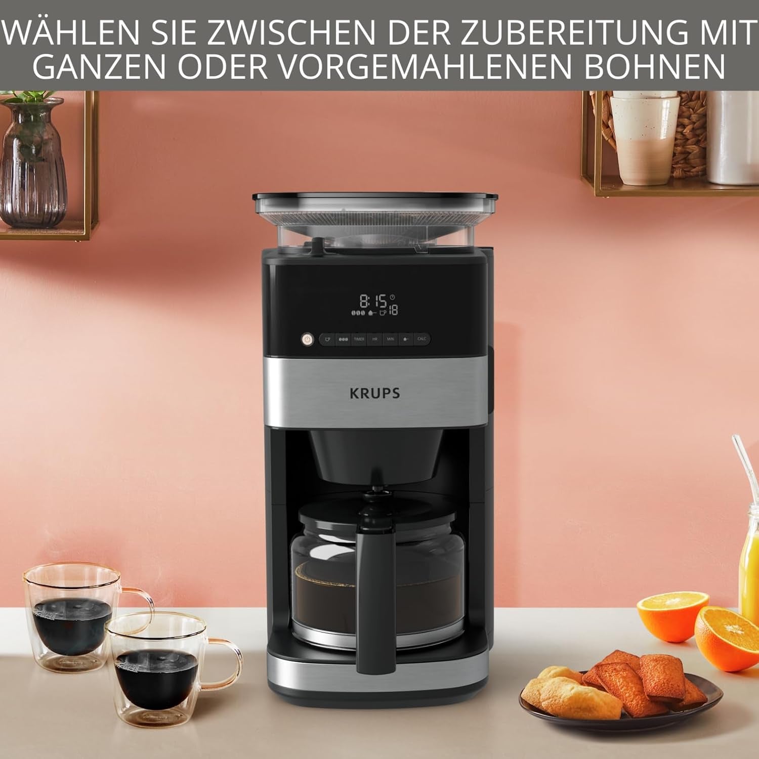 Ekspres do kawy Krups KM8328 Mielić za pomocą młynka | Timer 24-godzinny | Pojemnik na ziarno 180 g | Pojemność 1,25 l na aż 15 filiżanek kawy | Funkcja automatycznego wyłączania | 3 ustawienia mielenia | Czarny
