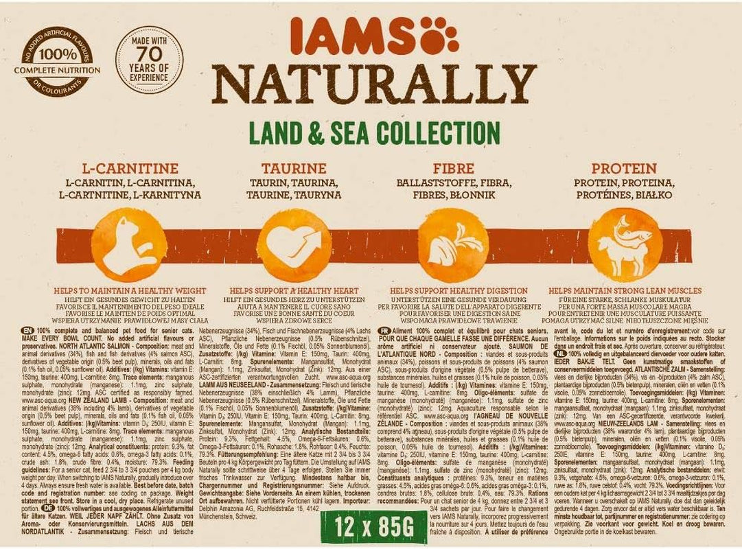 IAMS Naturally Senior Mokra karma w sosie - Wysokiej jakości mokra karma mięsno-rybna dla starszych kotów, Land & Sea Collection, 12 x 85g