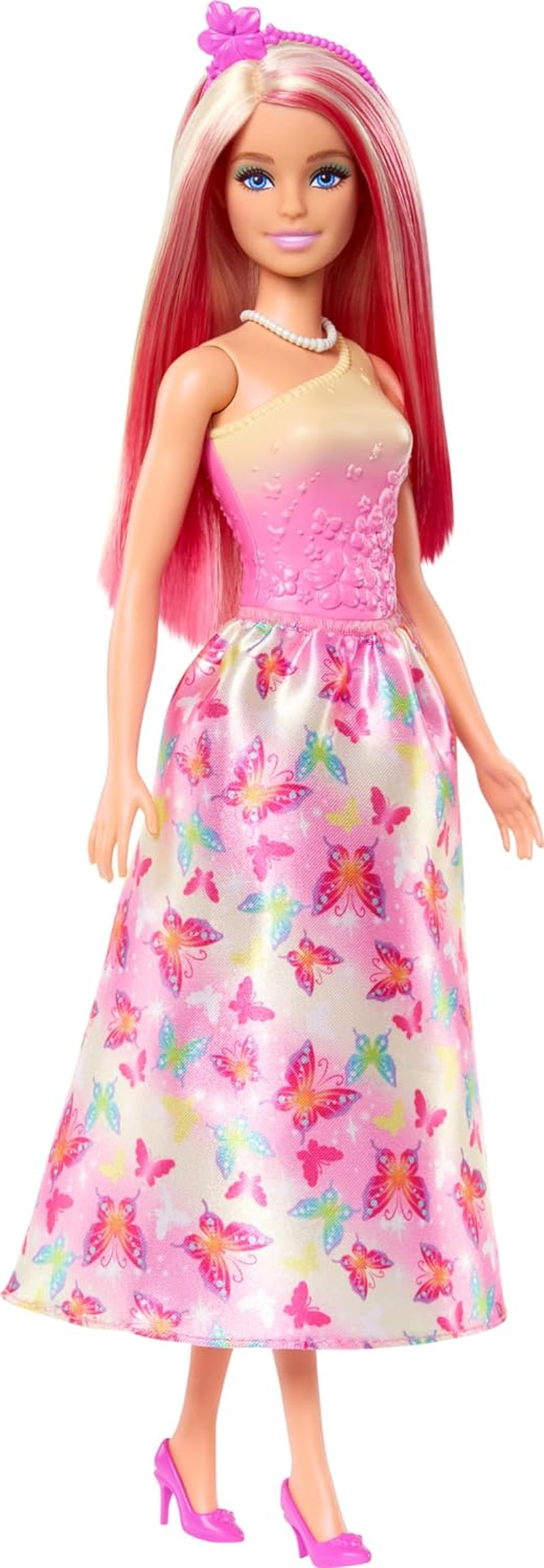 Królewska lalka Barbie z fantazyjnymi blond i różowymi włosami, kolorowymi dodatkami, różowym gradientowym topem i spódniczką w kształcie motyla, domyślny tytuł lalki HRR08 Naty Shop