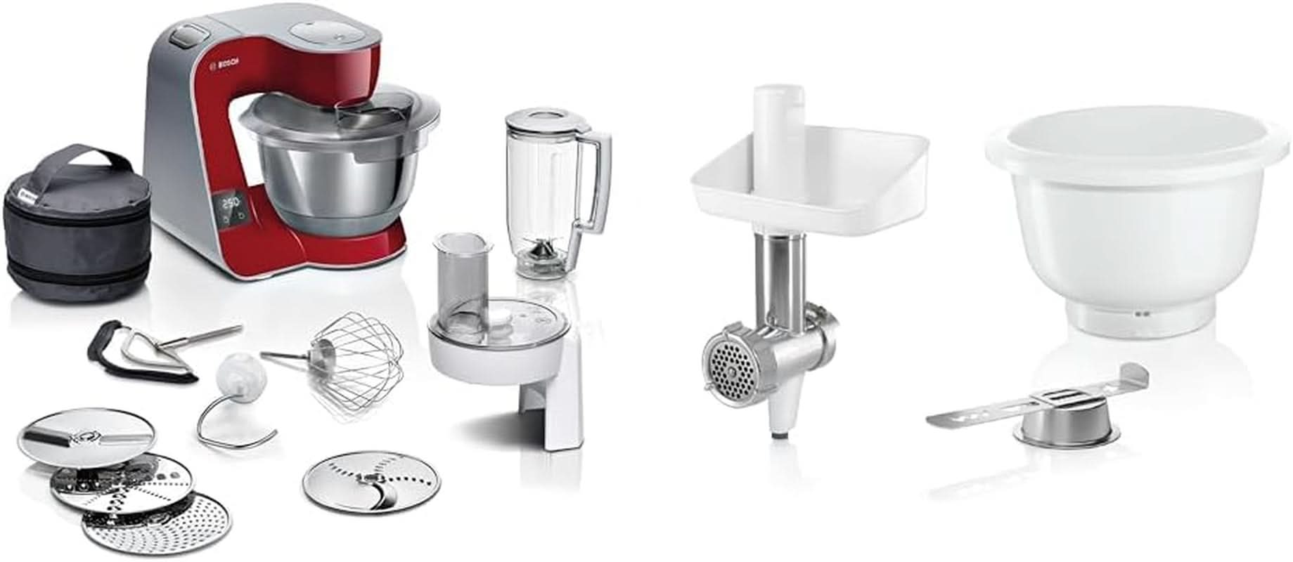 Robot kuchenny Bosch Series 4 MUM5X720, zintegrowana waga, miska ze stali nierdzewnej 3,9 l, mikser 1,25 l, 1000 W Akcesoria Żywność i karmienie piersią Baby Naty Shop Zestaw z Bakingsensation Ciemnoczerwony / srebrny 2 akcesoria