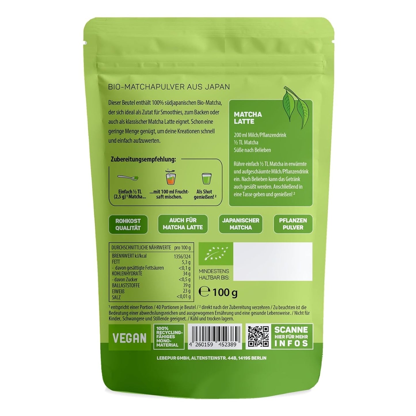 Lebepur BIO Matcha w proszku 100G - Najwyższa jakość z Japonii Bez dodatków - 100% czysta zielona herbata w proszku do Matcha Latte, herbaty Matcha, zielonej herbaty, smoothie - japońska zielona herbata