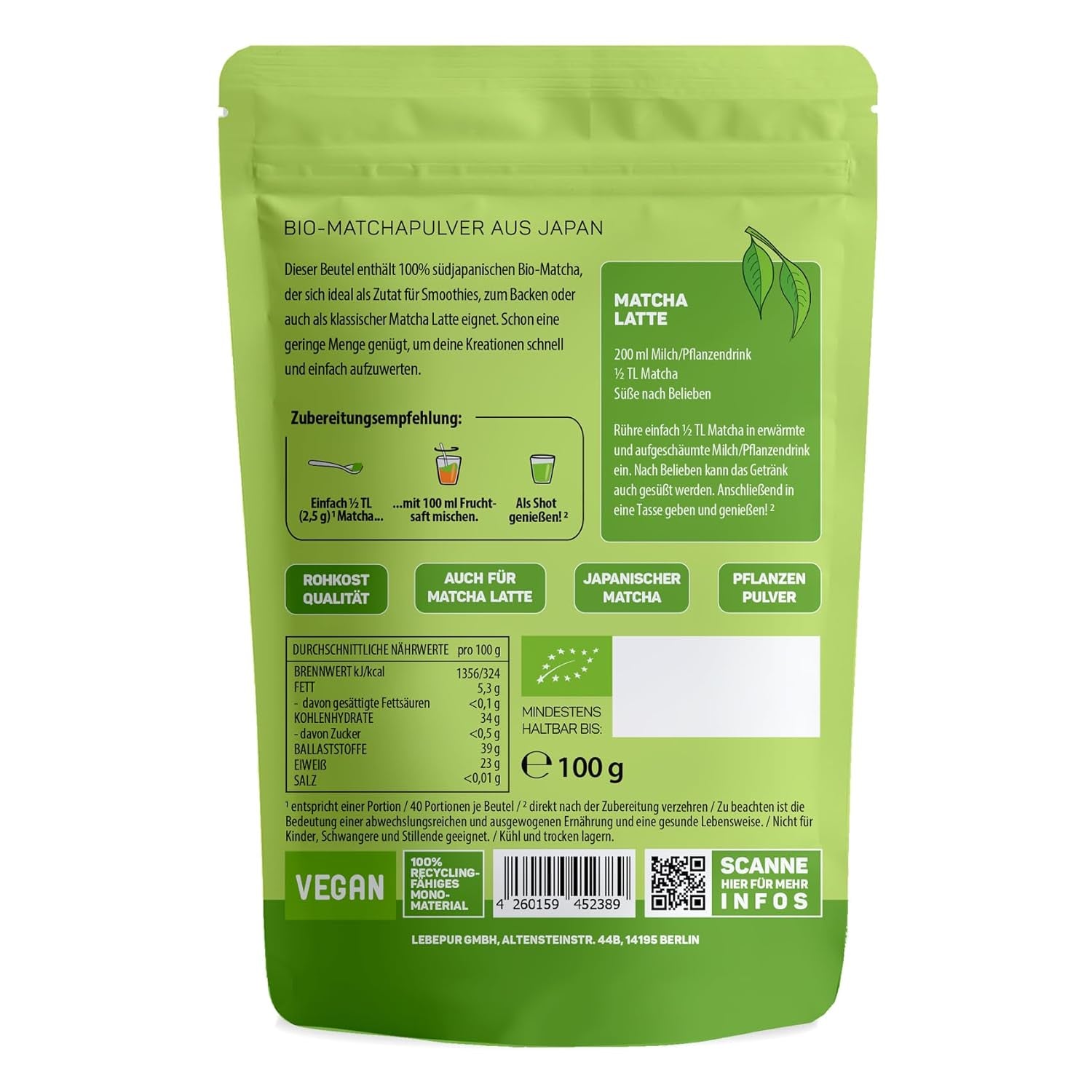Lebepur BIO Matcha w proszku 100G - Najwyższa jakość z Japonii Bez dodatków - 100% czysta zielona herbata w proszku do Matcha Latte, herbaty Matcha, zielonej herbaty, smoothie - japońska zielona herbata
