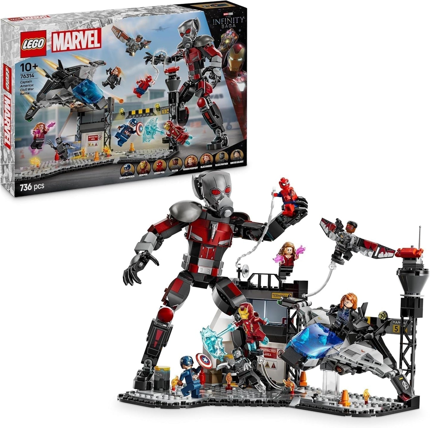 LEGO Marvel Kapitan Ameryka: Pojedynek w wojnie secesyjnej - Zestaw superbohaterów z 8 minifigurkami - Zabawkowy zestaw do budowania i zabawy samolotem - Prezent dla chłopców i dziewcząt 76314 Zestawy do budowania Besuche den LEGO-Store Default Title
