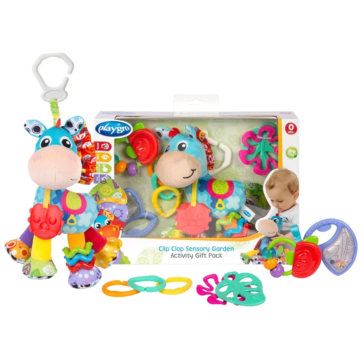Playgro Clip Clop Zestaw upominkowy Sensory Garden Activity - Sensoryczna zabawka ogrodowa dla dzieci od 0 miesiąca życia - Interaktywna zabawka z grzechotkami, gryzakiem i przyjacielem wózka - 4 sztuki