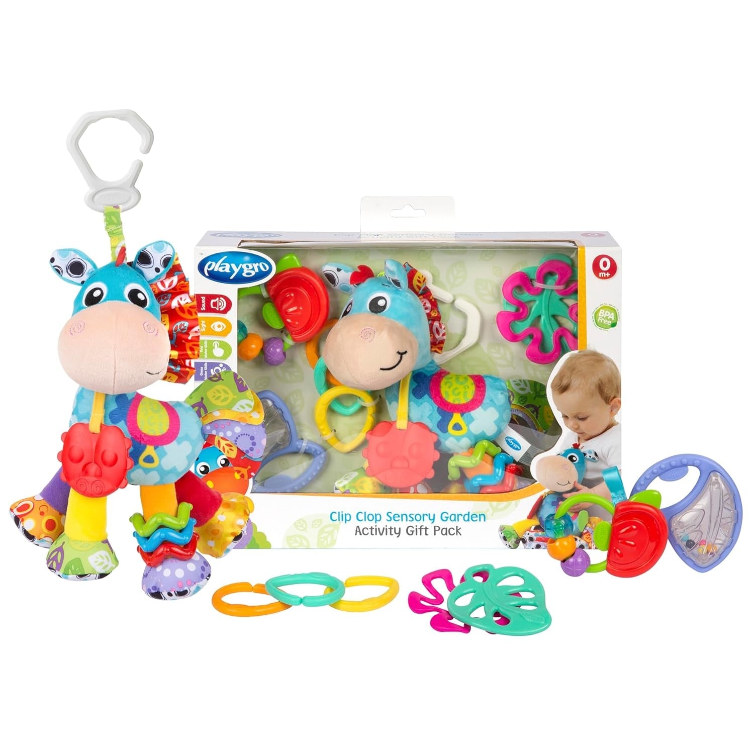 Playgro Clip Clop Zestaw upominkowy Sensory Garden Activity - Sensoryczna zabawka ogrodowa dla dzieci od 0 miesiąca życia - Interaktywna zabawka z grzechotkami, gryzakiem i przyjacielem wózka - 4 sztuki
