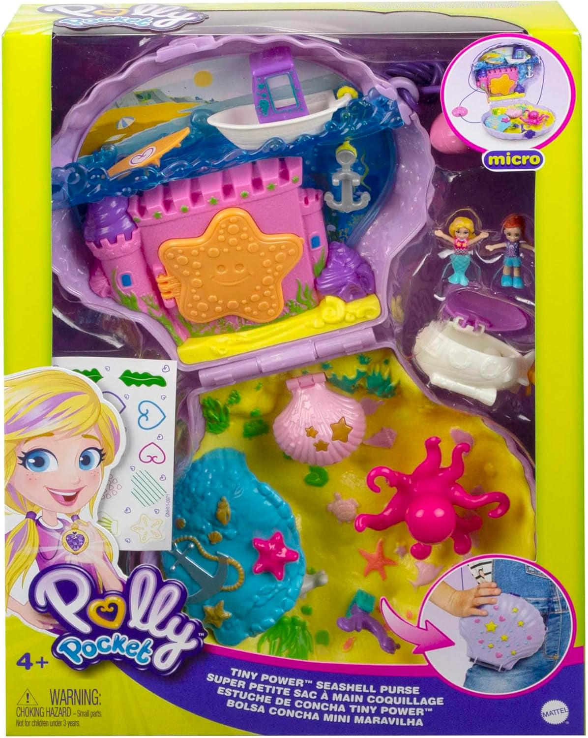 Pudełko do przechowywania Polly Pocket Torba w kształcie muszli z 2 lalkami i 1 łodzią podwodną Polly Pocket Zabawka syrenka, wiek 4+ GNH11