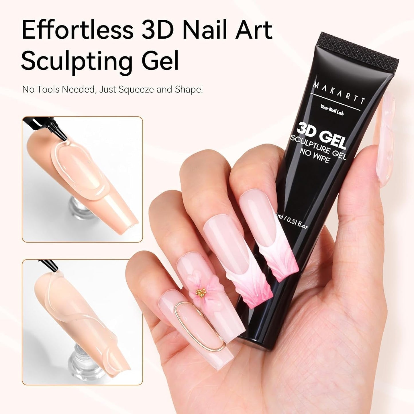 Makartt 3D Nail Art Gel - Żel do klejenia kryształków górskich 15G do breloczków do paznokci, Wielofunkcyjny żel do rzeźbienia paznokci do samodzielnego projektowania paznokci, Rzeźba paznokci Modelowanie paznokci w domu (przezroczysty)