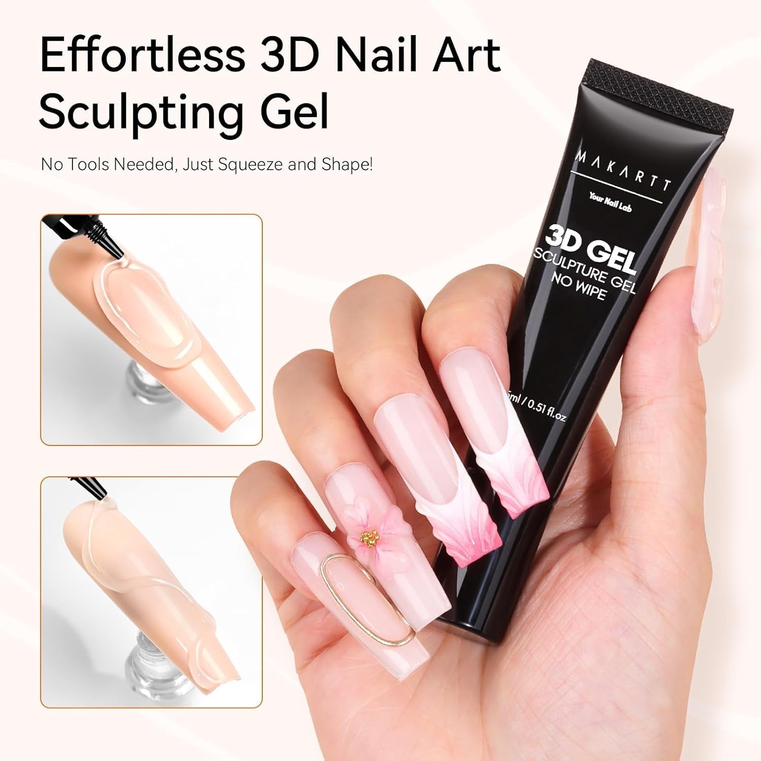 Makartt 3D Nail Art Gel - Żel do klejenia kryształków górskich 15G do breloczków do paznokci, Wielofunkcyjny żel do rzeźbienia paznokci do samodzielnego projektowania paznokci, Rzeźba paznokci Modelowanie paznokci w domu (przezroczysty)
