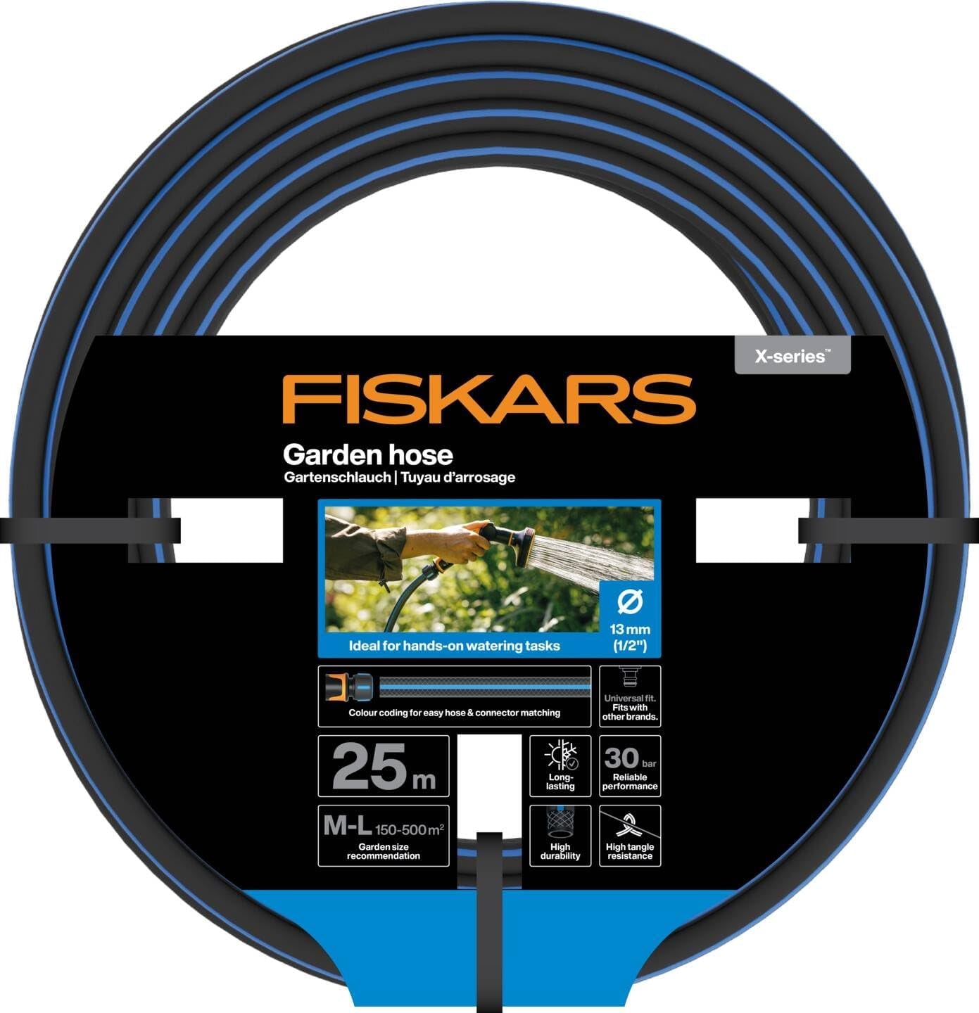 Wąż ogrodowy Fiskars ML Seria X Wąż do ręcznego podlewania wody 13 mm (1/2"), Długość: 25 m, Złącze uniwersalne, Ochrona przed promieniowaniem UV, Ochrona przed mrozem, Odporny na skręcanie, Niebieski, 1076045