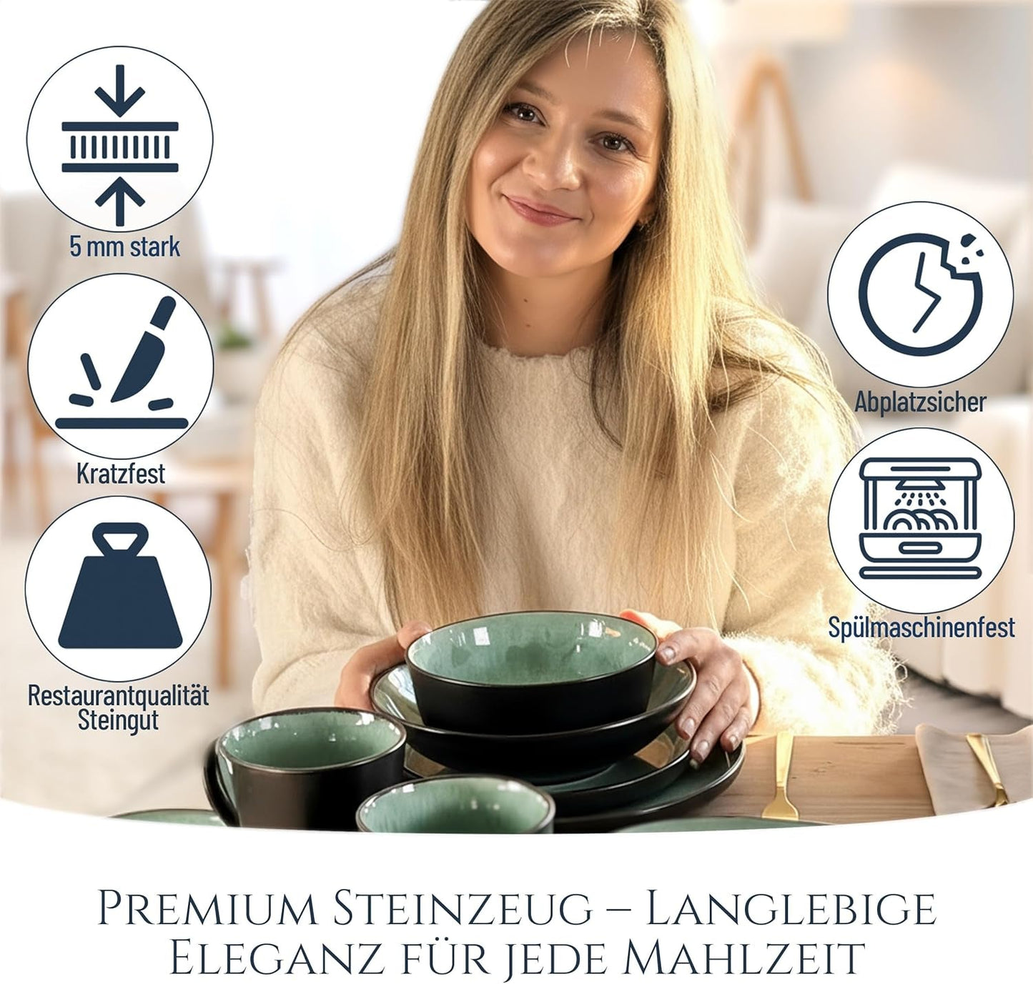 24-częściowy zestaw obiadowy z kamionki ceramicznej dla 6 osób, projekt Ibiza, ZWYCIĘZCA TESTU. Wspaniały śródziemnomorski zestaw zastawy stołowej obejmujący miski i talerze. Zestaw zastawy stołowej Pure Living w kolorze szałwiowej zieleni.