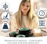 24-częściowy zestaw obiadowy z kamionki ceramicznej dla 6 osób, projekt Ibiza, ZWYCIĘZCA TESTU. Wspaniały śródziemnomorski zestaw zastawy stołowej obejmujący miski i talerze. Zestaw zastawy stołowej Pure Living w kolorze szałwiowej zieleni.