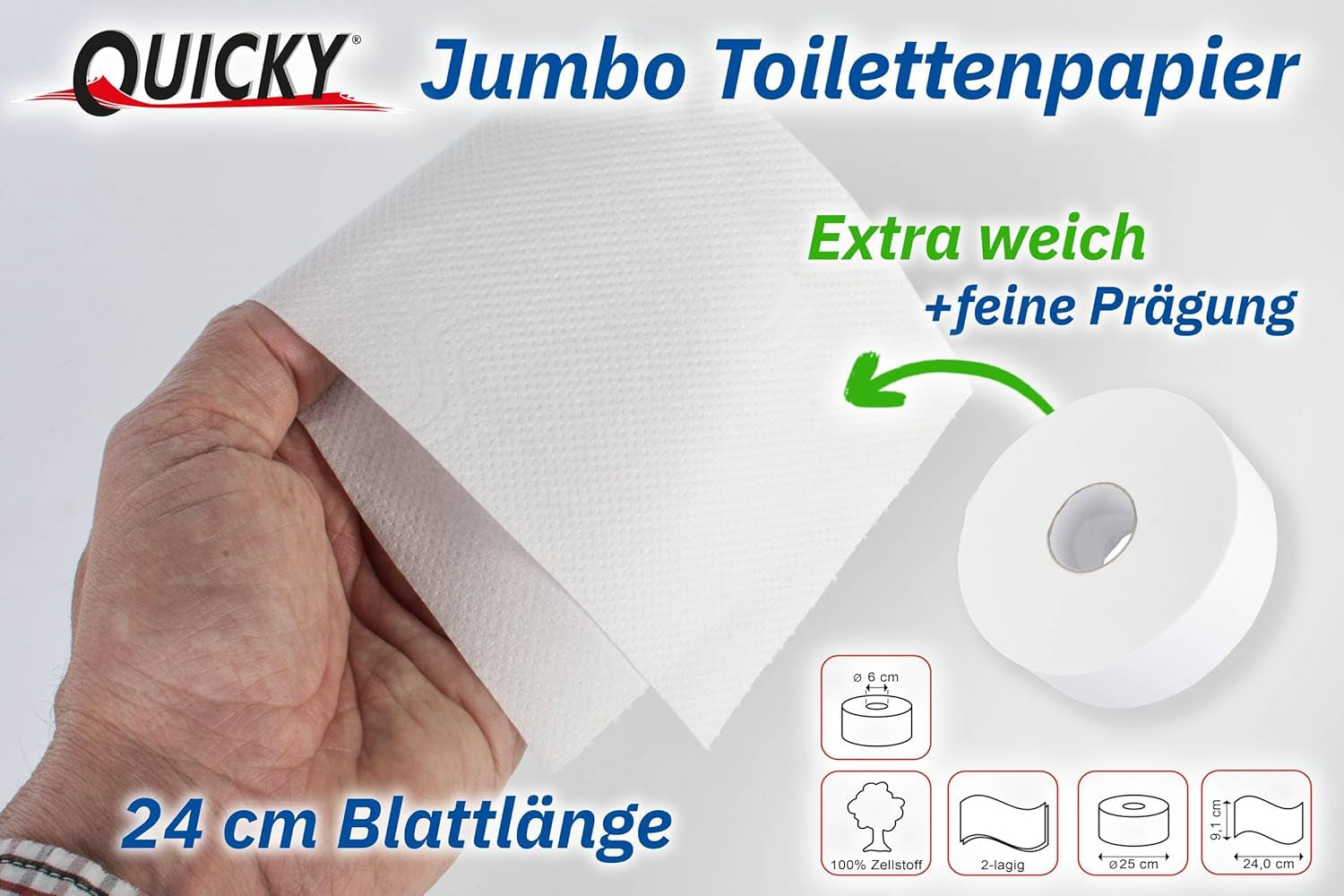 Dwuwarstwowy papier toaletowy Quicky Jumbo, średnica 25 cm, jasnobiały, wytłoczony w drobne kropki, 6 rolek - chłonny i odporny na rozdarcie, zapewniający maksymalną higienę, idealny dla instytucji publicznych i przemysłu