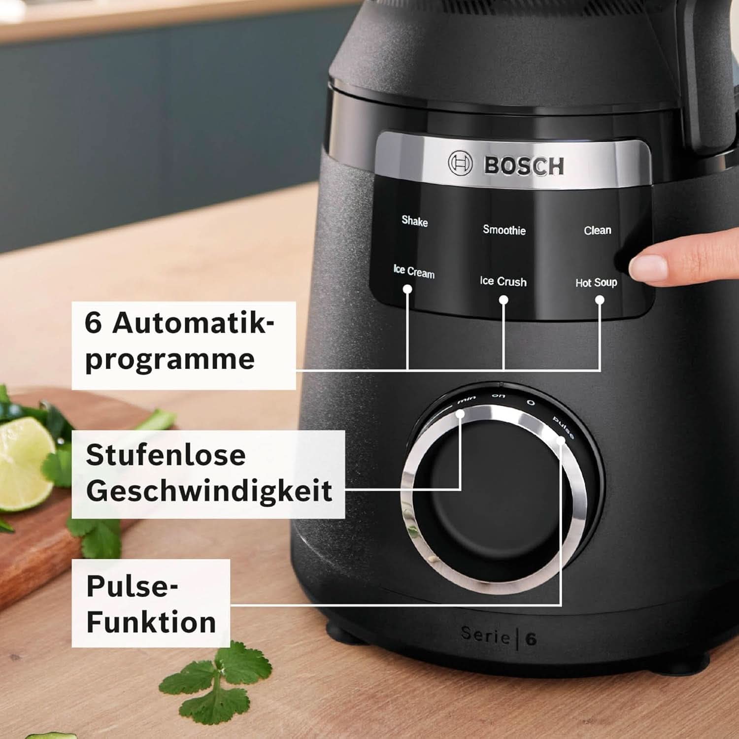 Mikser stojący szybkoobrotowy Vitapower Serie 6 MMBD665B1, 45 000 obr./min, 6 programów Inkl Heiße Suppe & Reinigung, 2 l Mixbehälter, Stopfer, Spülmaschinenfeste Teile, Made in Europe, 1800 W, Schwarz Kitchen Naty Shop