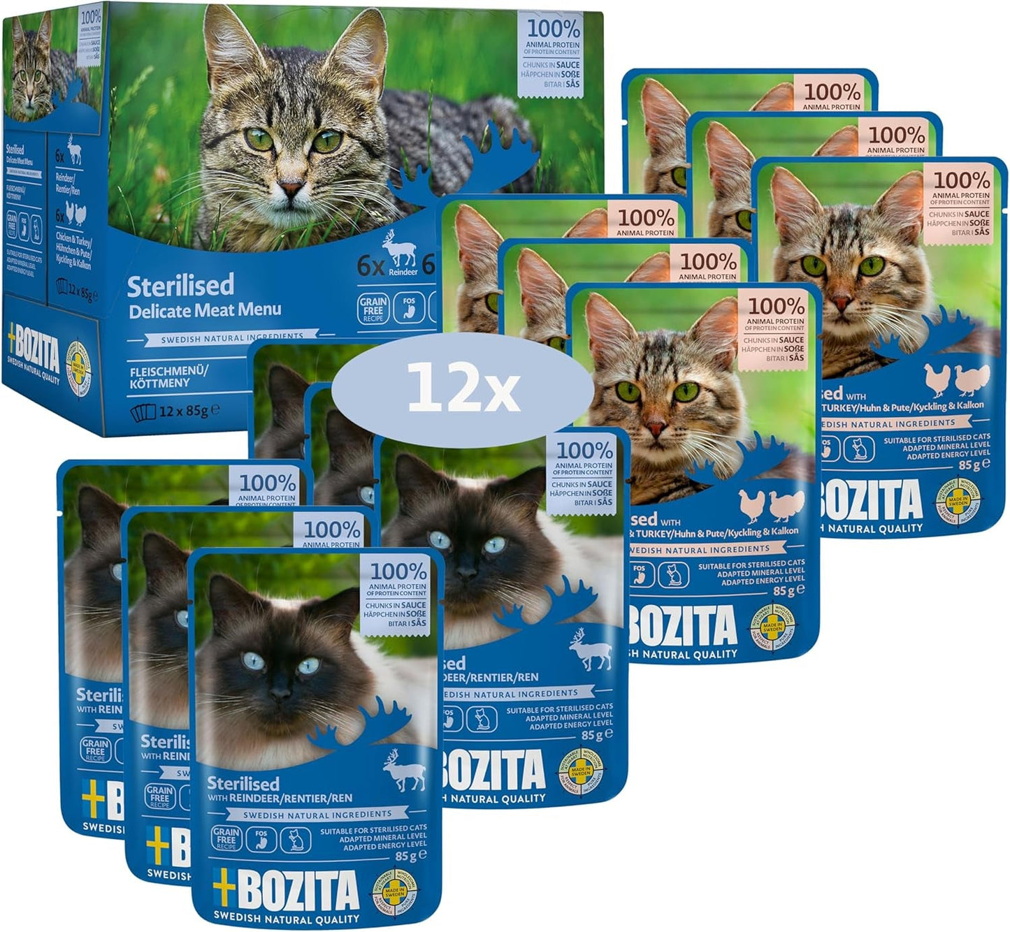 Bozita Sterylizowana karma mokra Multibox - kawałki w sosie mięsnym - 12 porcjowanych saszetek x 85 g Zestaw mieszany bez zbóż i pszenicy - Karma dla kotów z 8,5% białka i 3,5% tłuszczu