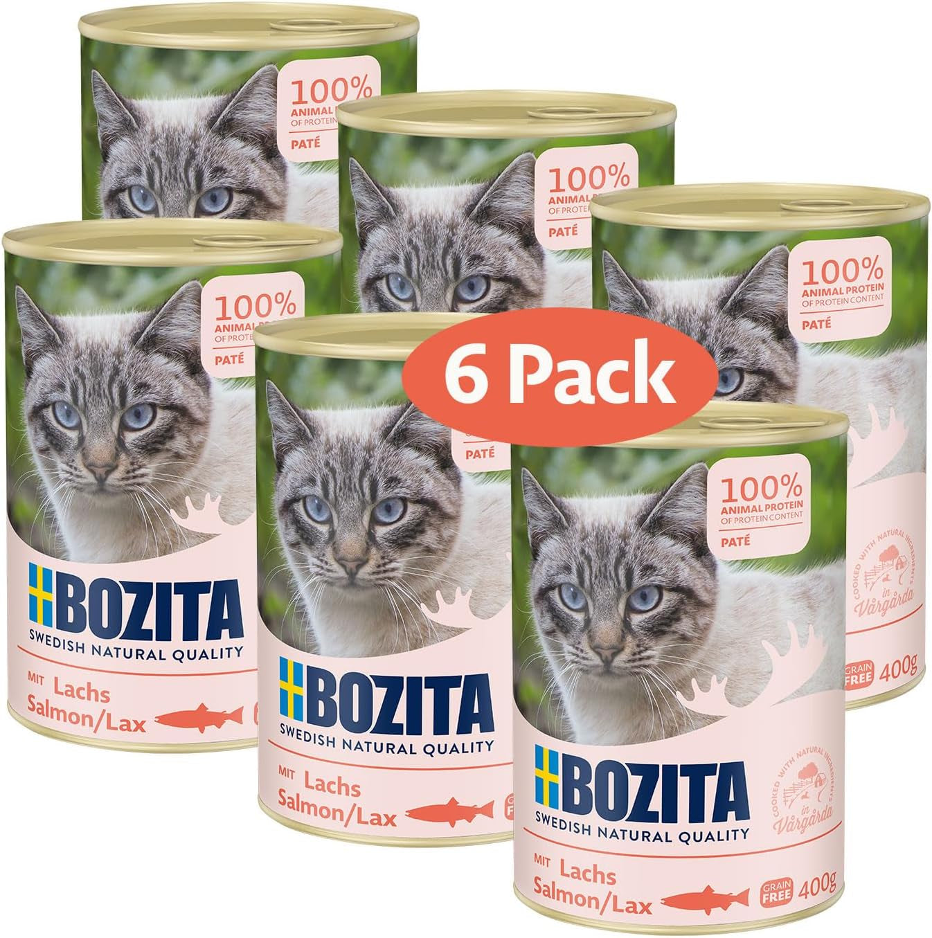 Bozita bezzbożowy pasztet z łososia – 6 x 400 g mokra karma dla kotów i kociąt. Kompletna karma o zawartości białka 9,5% i tłuszczu 5%, wyprodukowana z wysokiej jakości naturalnych składników, bez zbóż - prosto ze Szwecji